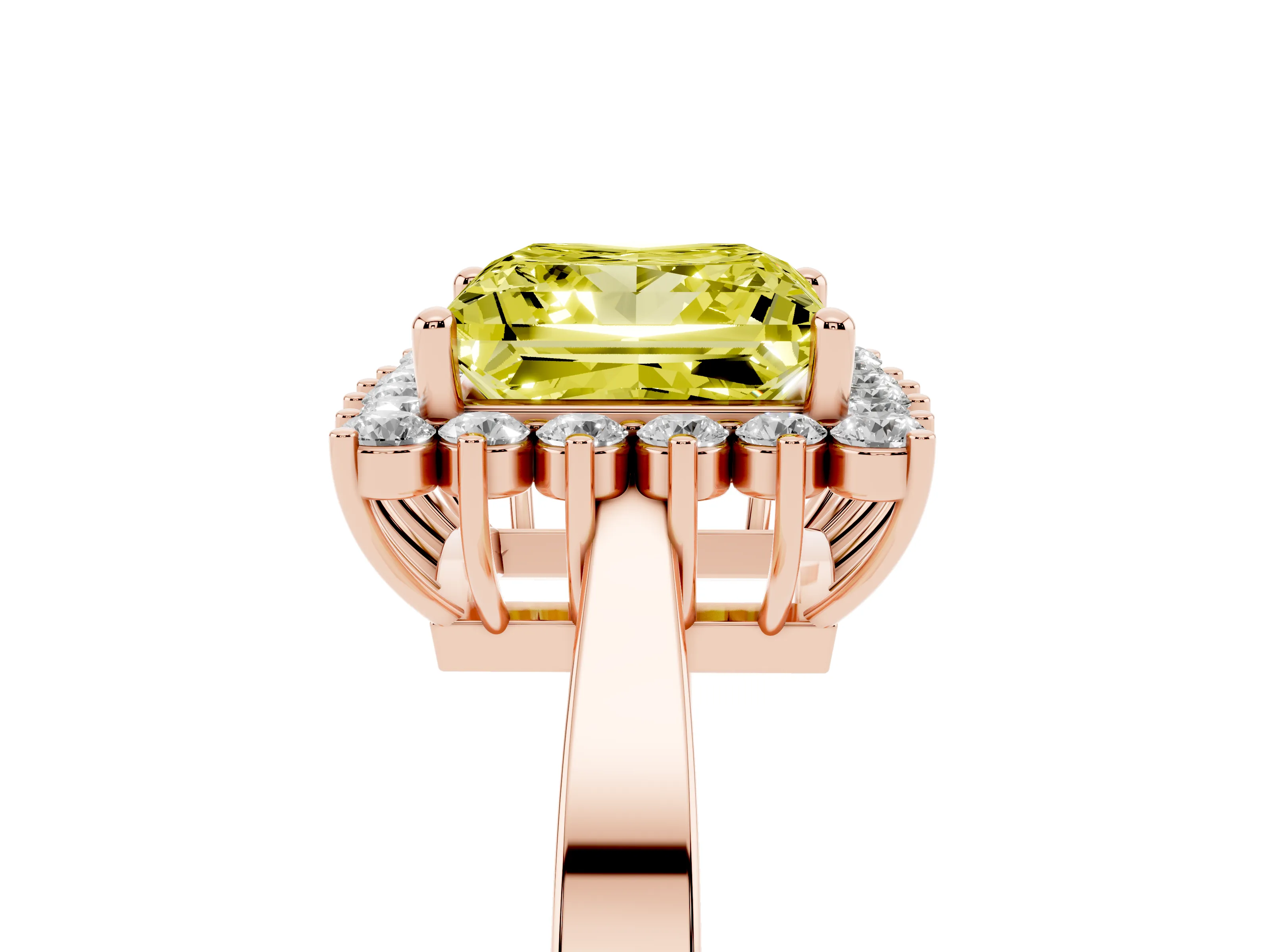 Fancy Yellow Princess Cut Diamond Halo Ring Set in Rose gold with Round Halo and Smooth Solitaire Band