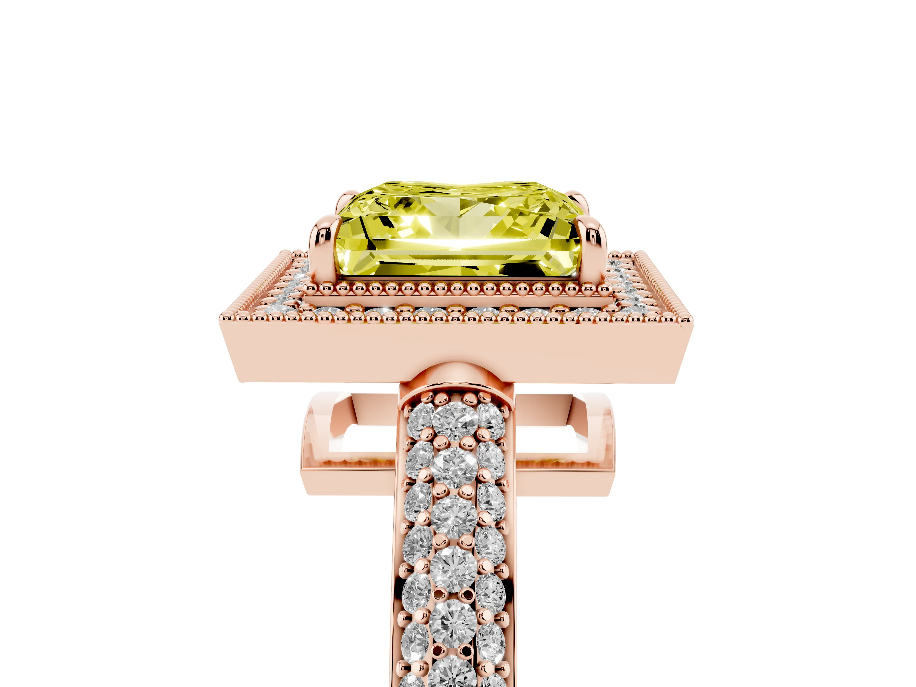 Fancy Yellow Princess Cut Diamond Halo Pavé Band Set in Rose gold with Prong Setting