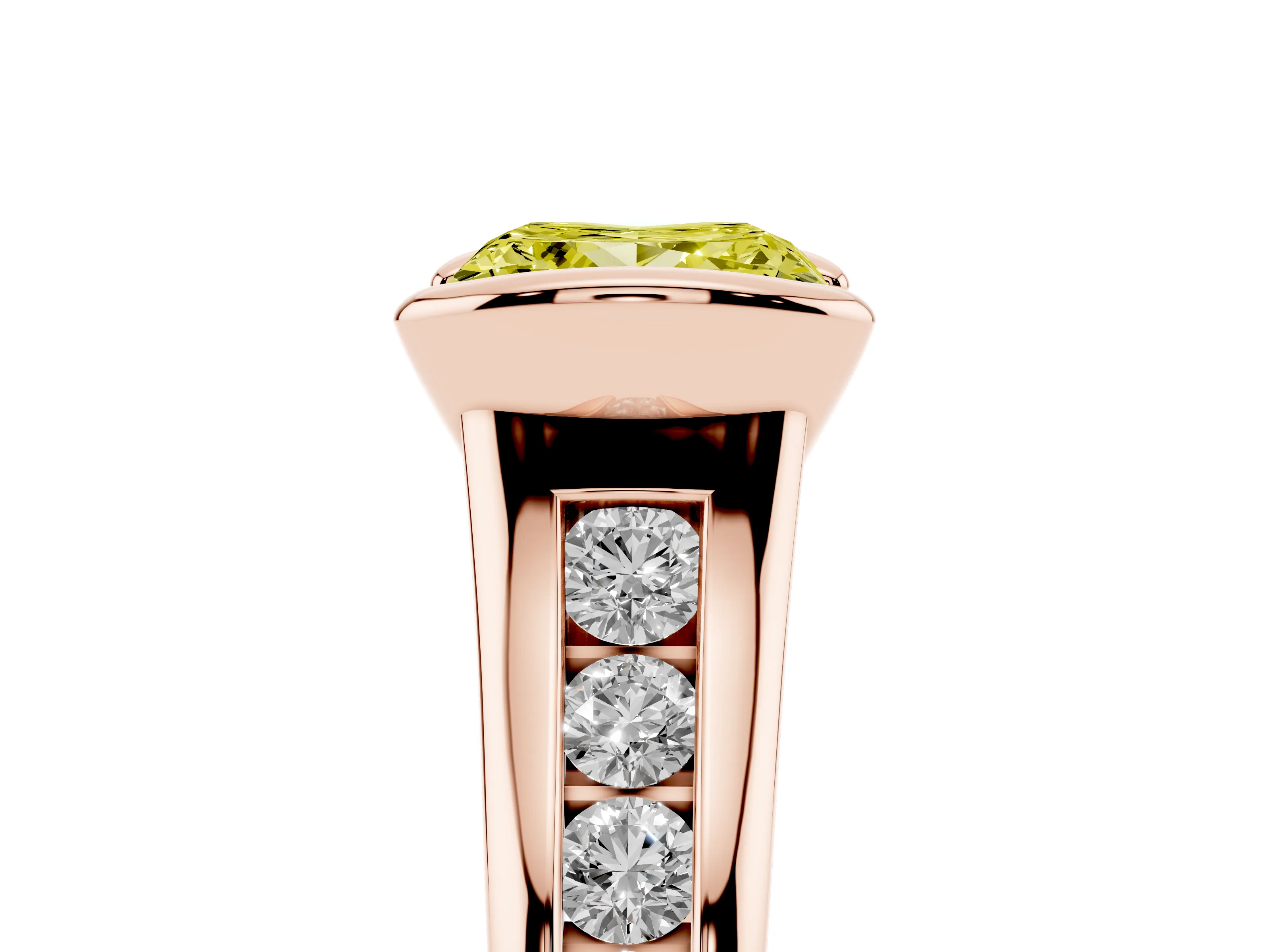 Fancy Yellow Princess Cut Diamond Bezel-Set Solitaire Ring Set in Rose gold with Channel-Set Band