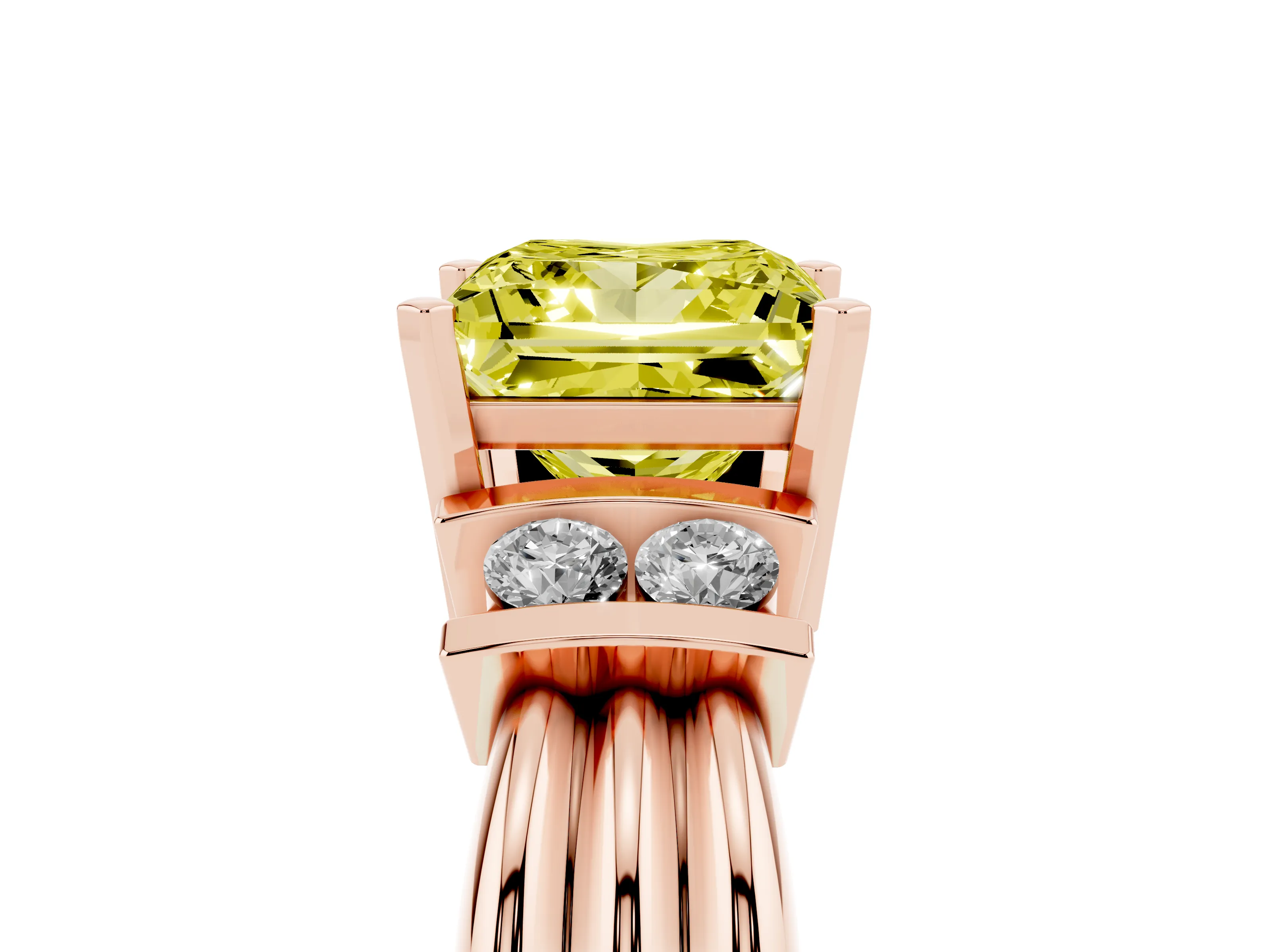 Fancy Yellow Three-Stone Princess Cut Diamond Channel Set Ring Set in Rose gold with Bar Prongs