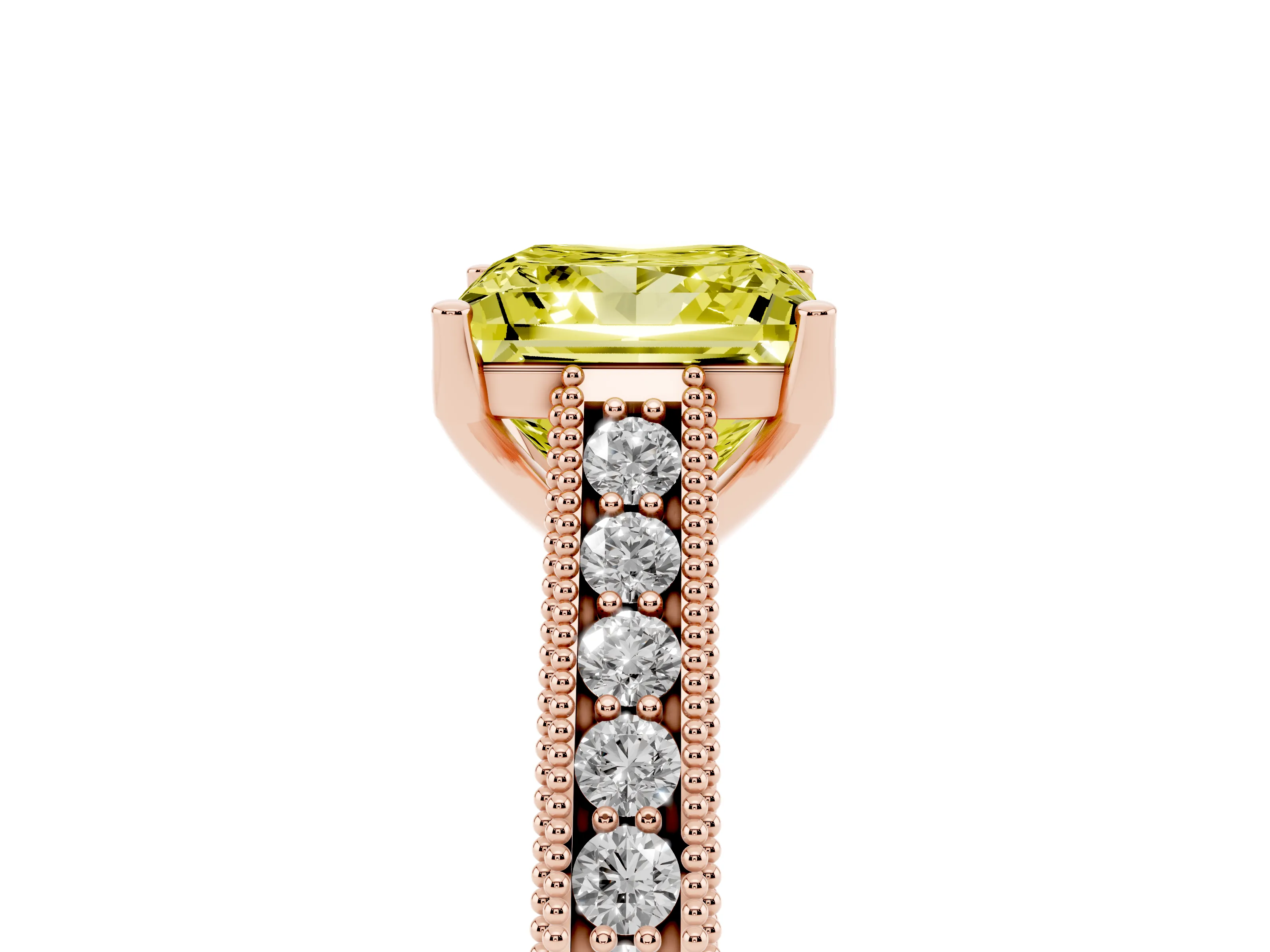 Fancy Yellow Princess Cut Diamond Milgrain Pavé Band Solitaire Ring Set in Rose gold with Prong Setting