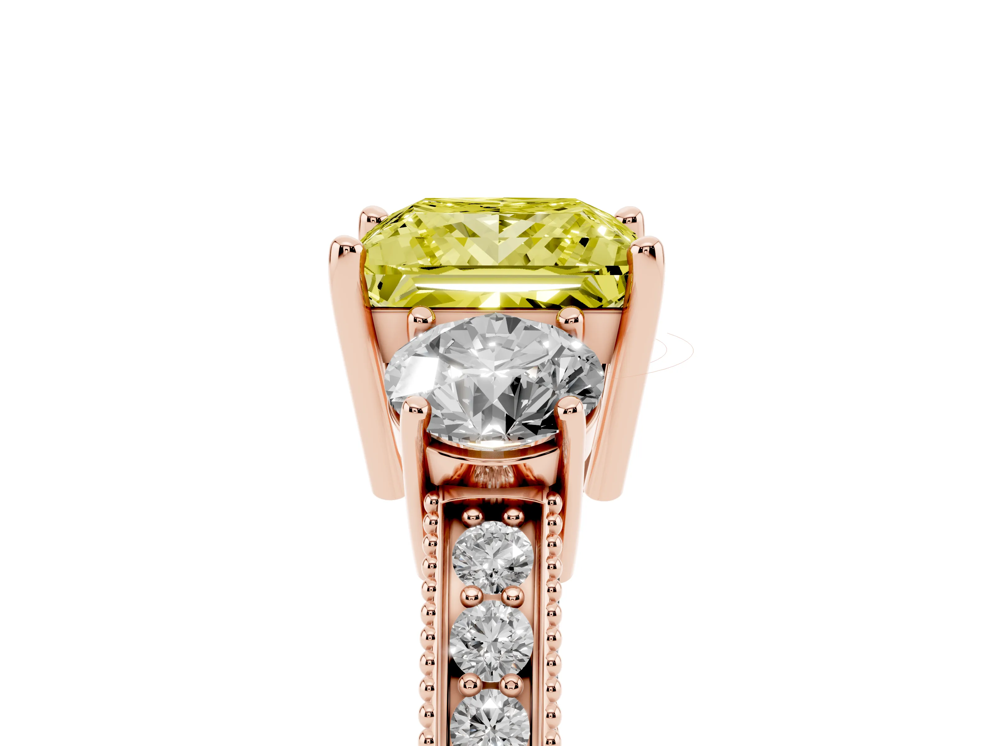 Fancy Yellow Princess Cut Diamond Three-Stone Ring Set in Rose gold with Round Side Stones and Pavé Band