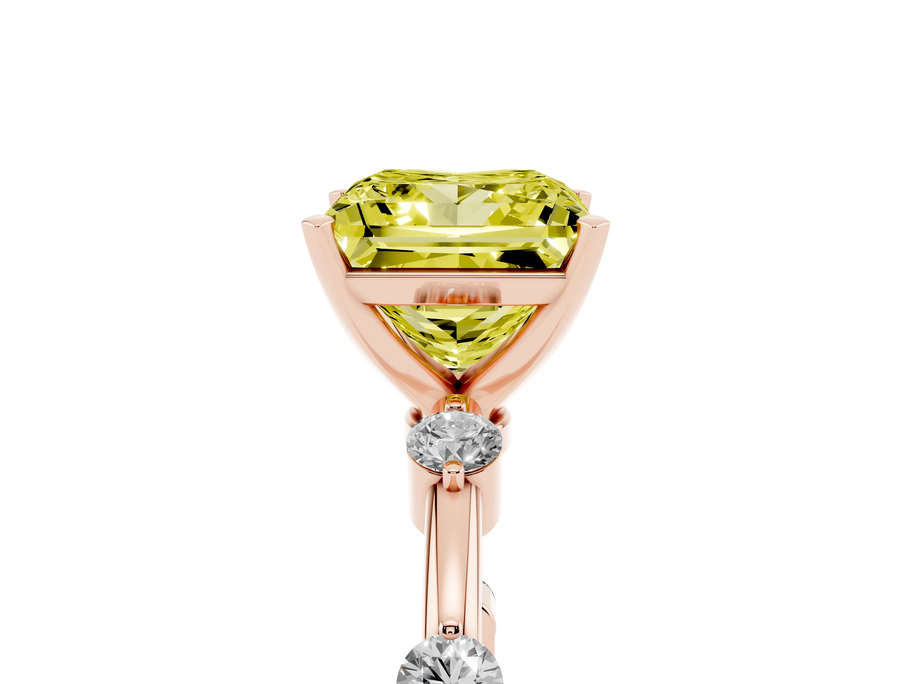 Fancy Yellow Princess Cut Diamond Solitaire Ring Set in Rose gold with Bezel Set Side Stones and Prong Setting