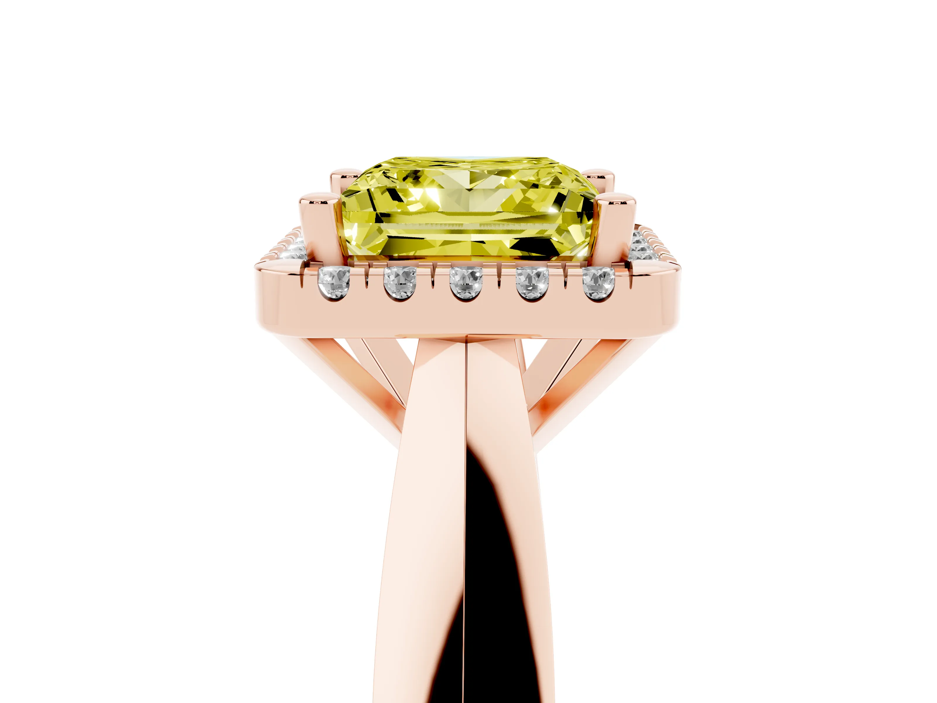 Fancy Yellow Princess Cut Diamond Halo Solitaire Engagement Ring Set in Rose gold with Square Band and Prong Setting