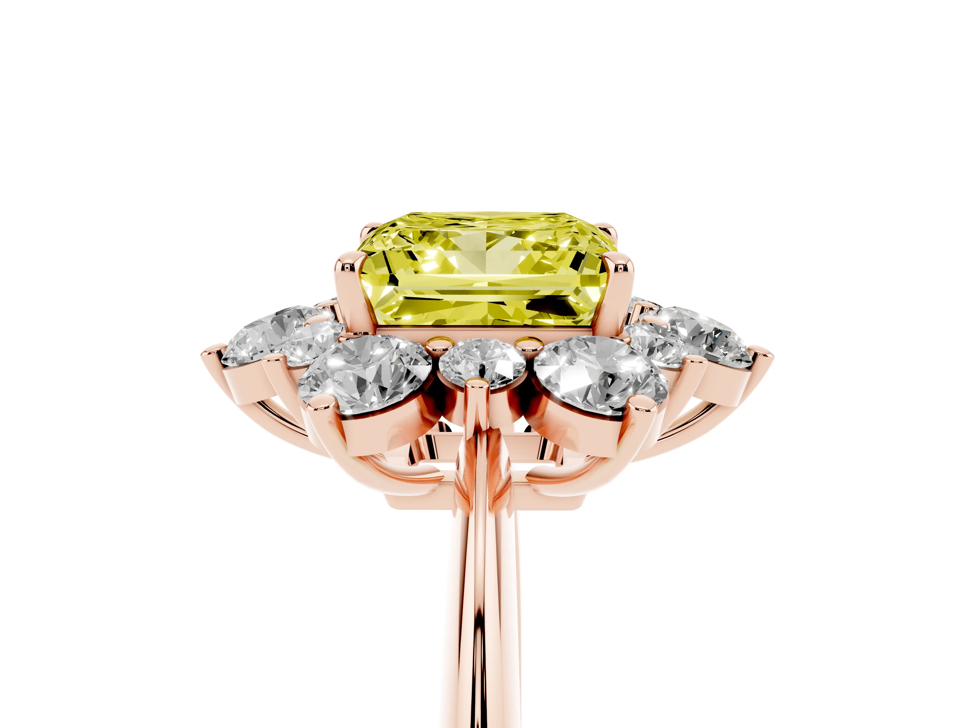 Fancy Yellow Princess Cut Diamond Cluster Halo Ring Set in Rose gold with Solitaire Band and Prong Setting