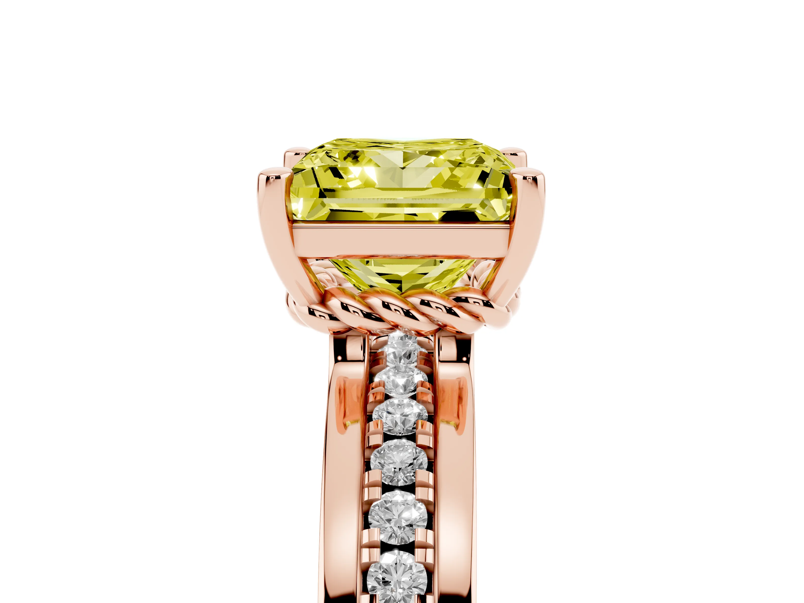 Fancy Yellow Princess Cut Diamond Solitaire Ring Set in Rose gold with Channel Set Band and Prong Setting