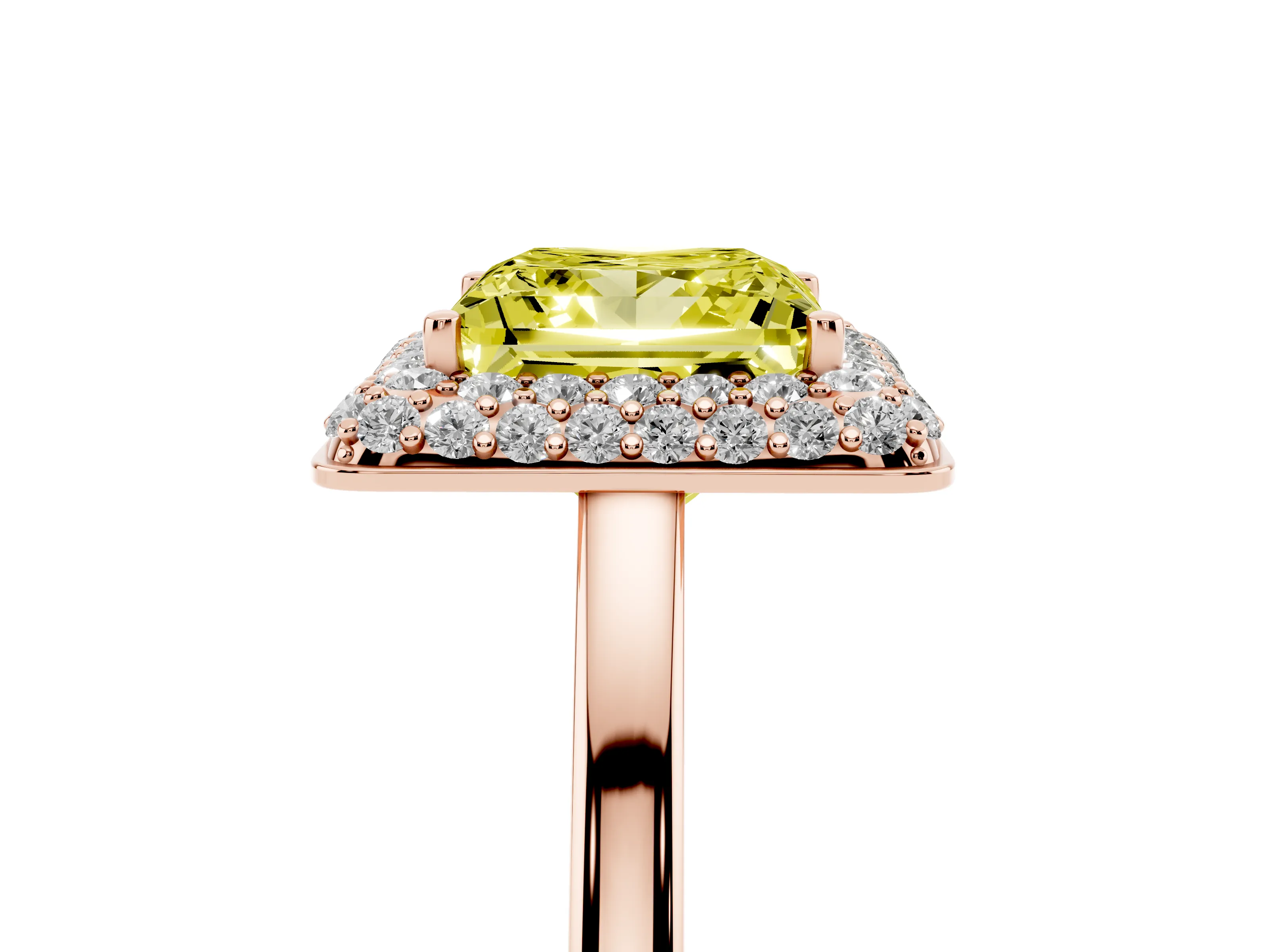 Fancy Yellow Princess Cut Diamond Halo Engagement Ring Set in Rose gold with Solitaire Band and Prong Setting