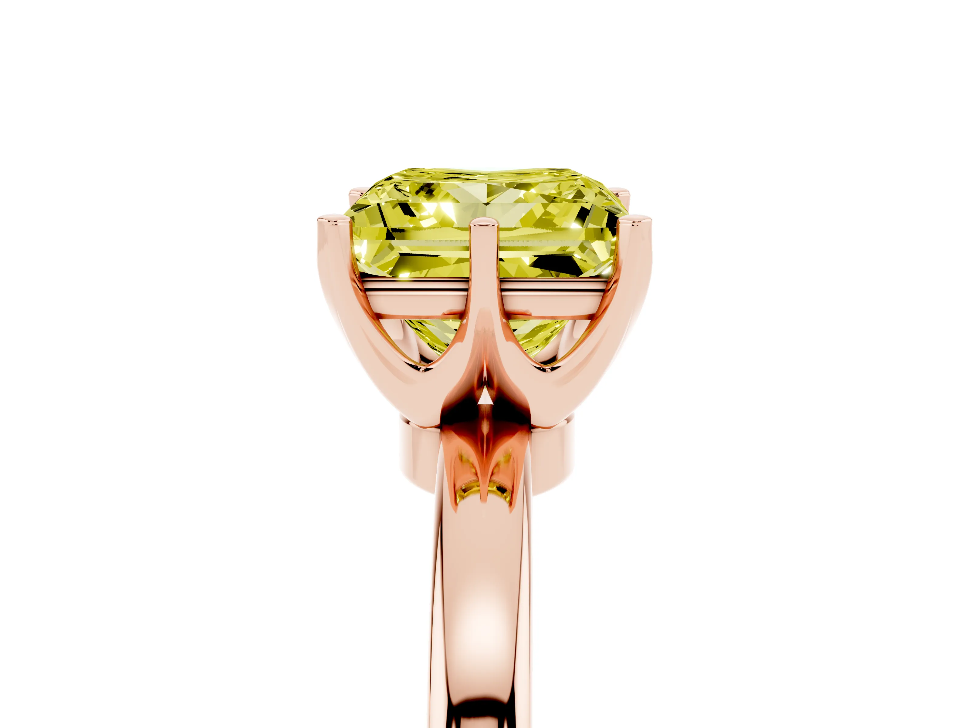Fancy Yellow Princess Cut Diamond Solitaire Ring Set in Rose gold with Raised Prong Setting on a Classic Band