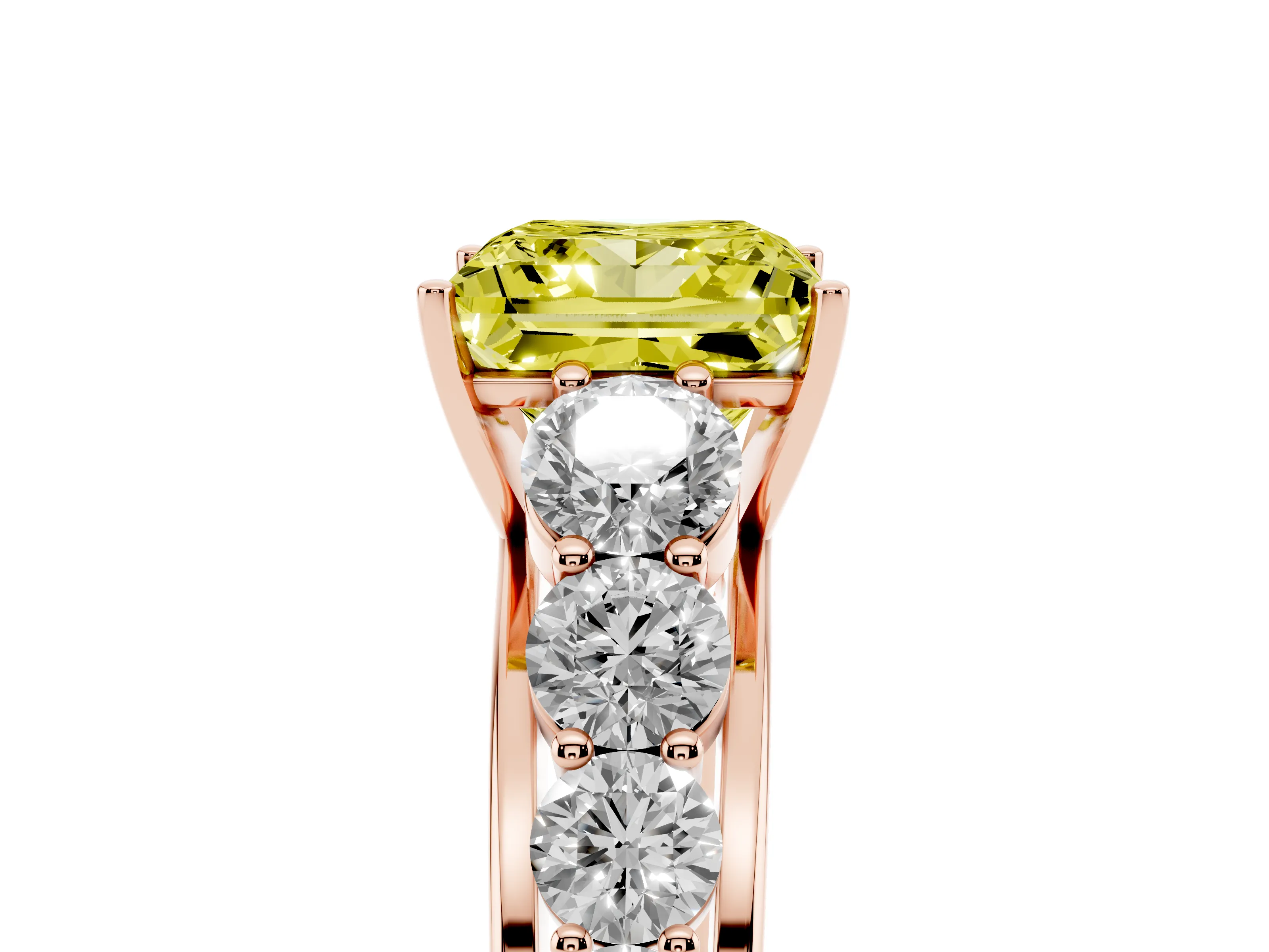 Fancy Yellow Princess Cut Diamond Solitaire Ring Set in Rose gold with Pavé-Set Band and Prong Setting