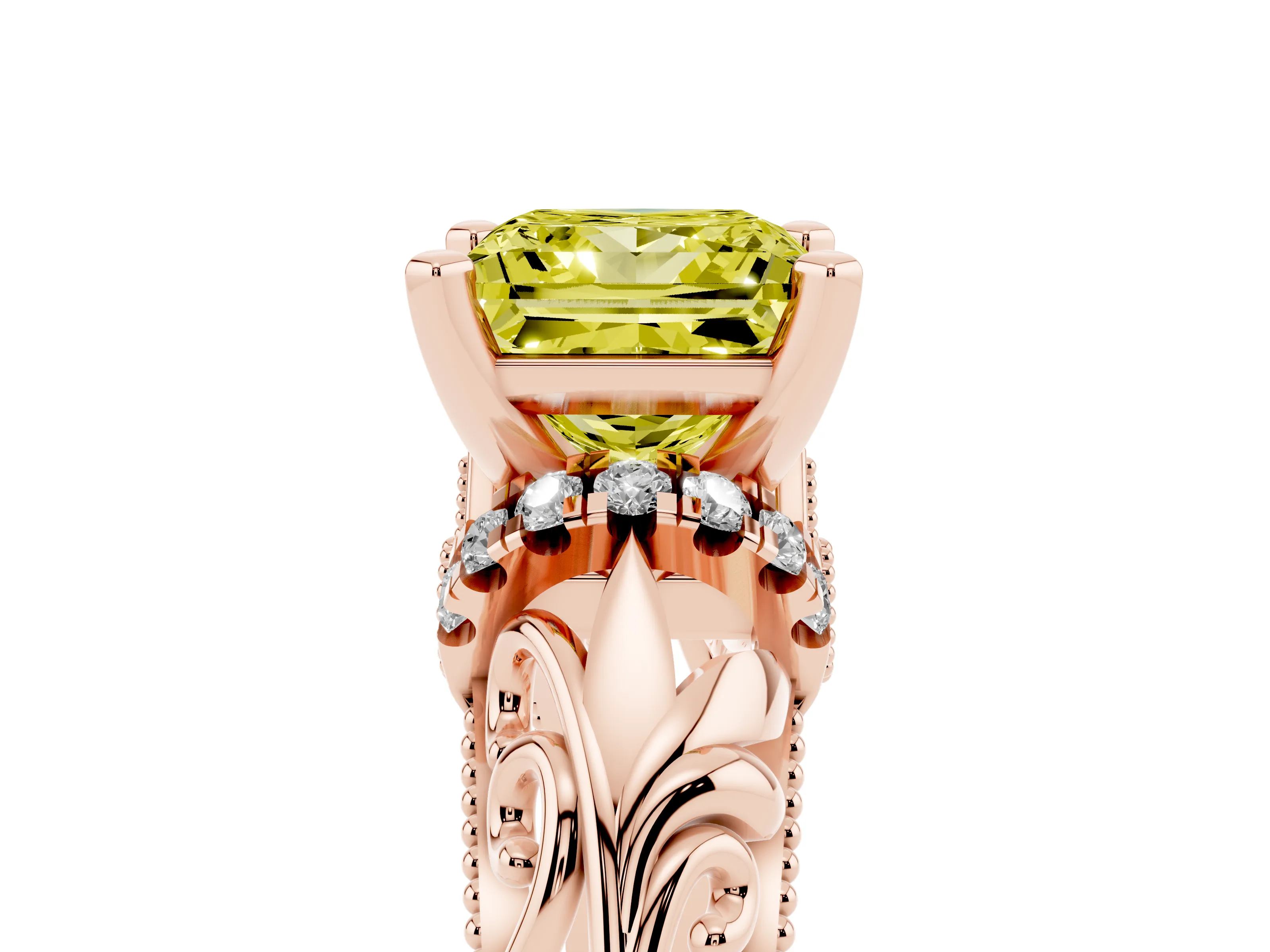 Fancy Yellow Princess Cut Diamond Filigree Halo Engagement Ring Set in Rose gold with Prong Setting