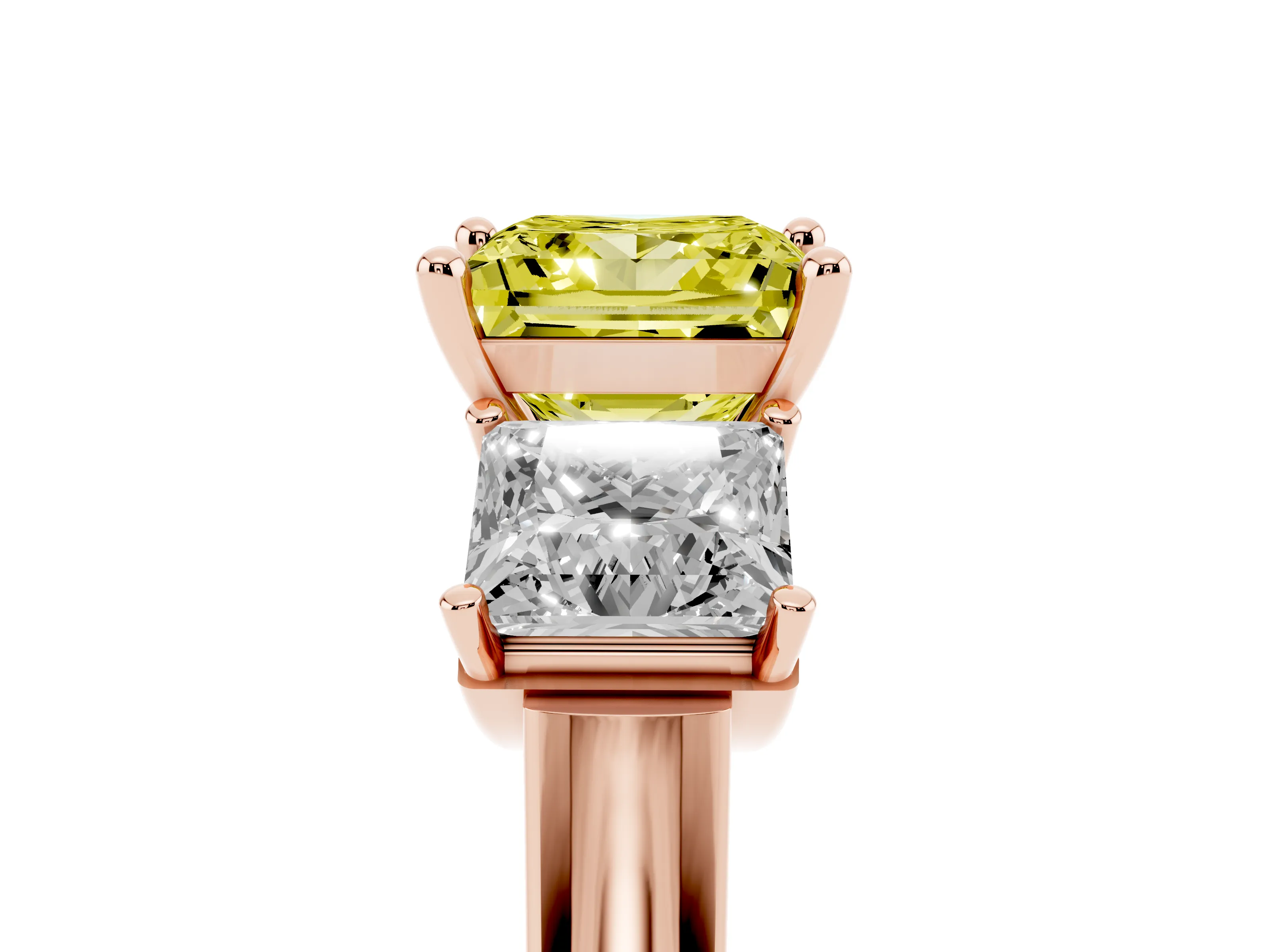 Fancy Yellow Princess Cut Diamond Three-Stone Trellis Ring Set in Rose gold with Comfort Fit Band