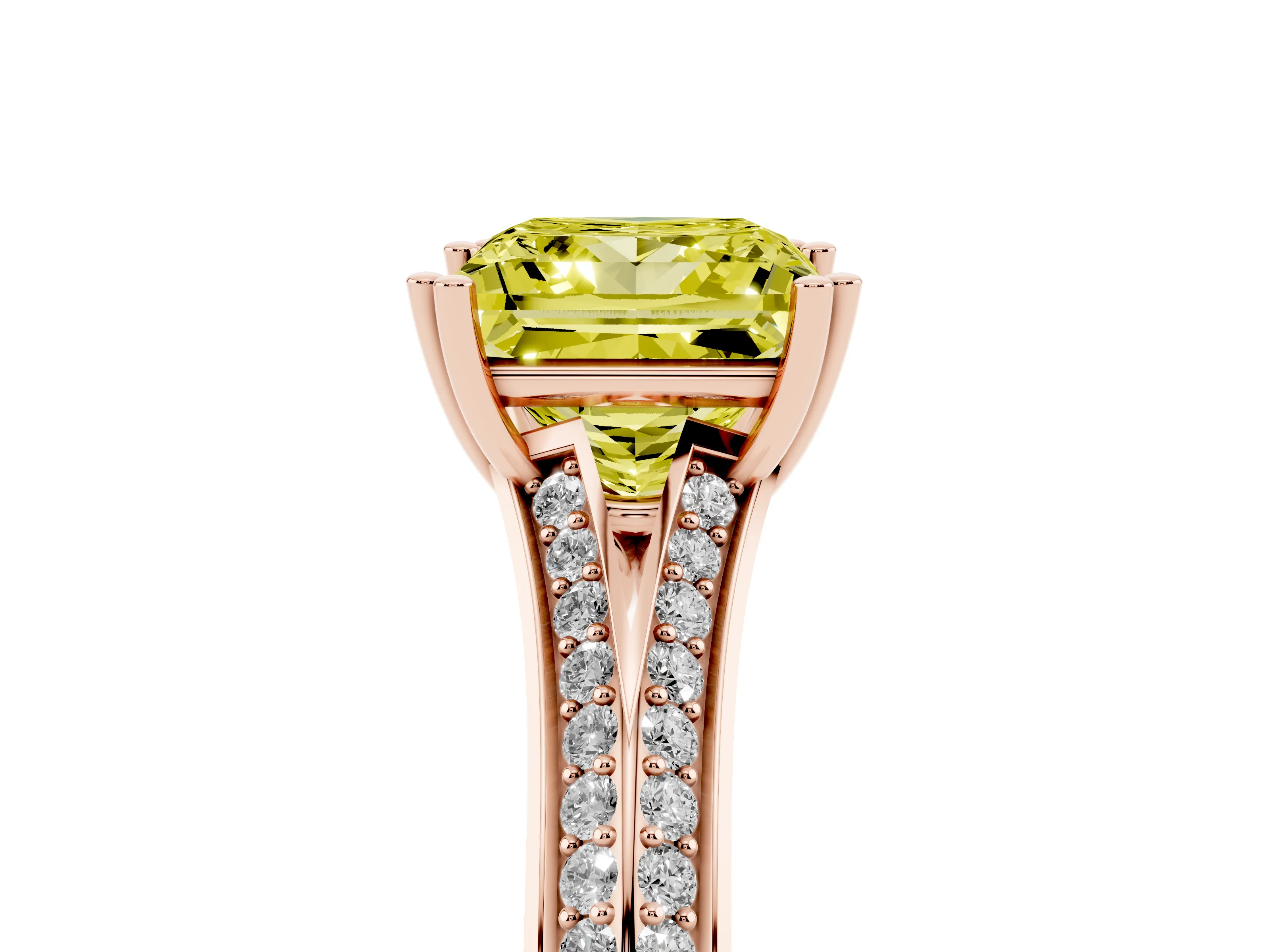 Fancy Yellow Princess Cut Diamond Split Shank Pavé Engagement Ring Set in Rose gold with Prong-Set Center Stone