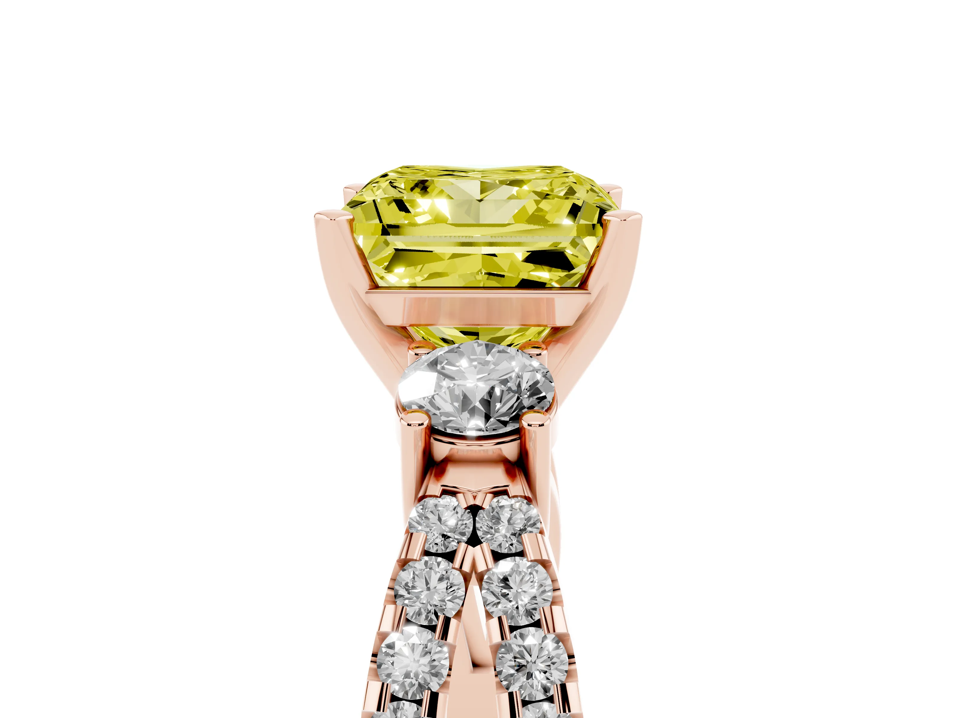 Fancy Yellow Princess Cut Diamond Three-Stone Ring Set in Rose gold with Pavé Split Shank and Prong Setting