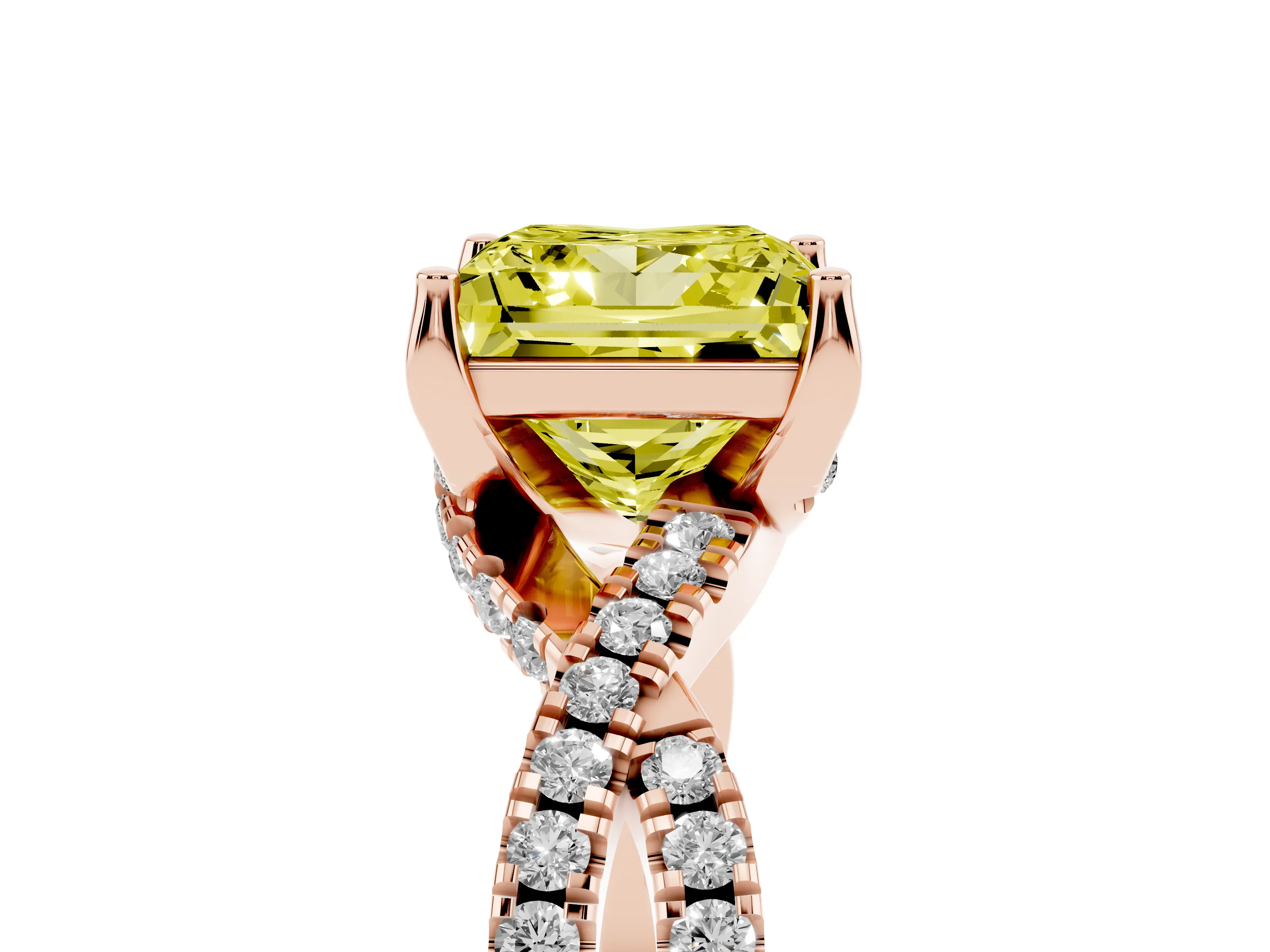 Fancy Yellow Princess Cut Diamond Twist Pavé Solitaire Engagement Ring Set in Rose gold with Prong Setting