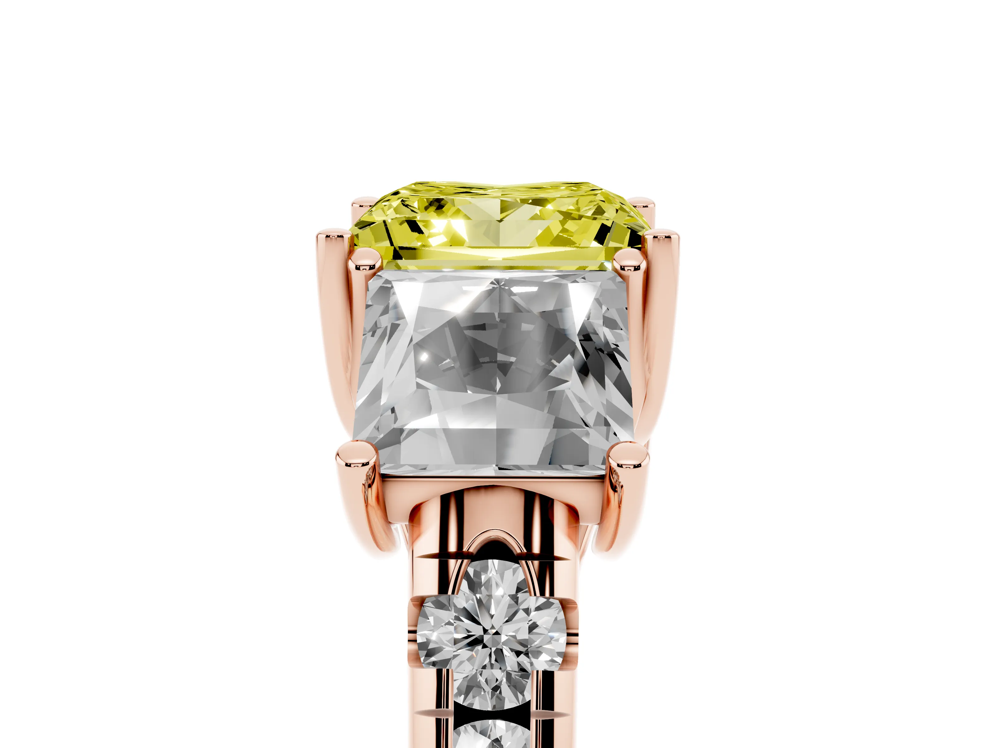 Fancy Yellow Princess Cut Diamond Three-Stone Ring Set in Rose gold with Pavé Band