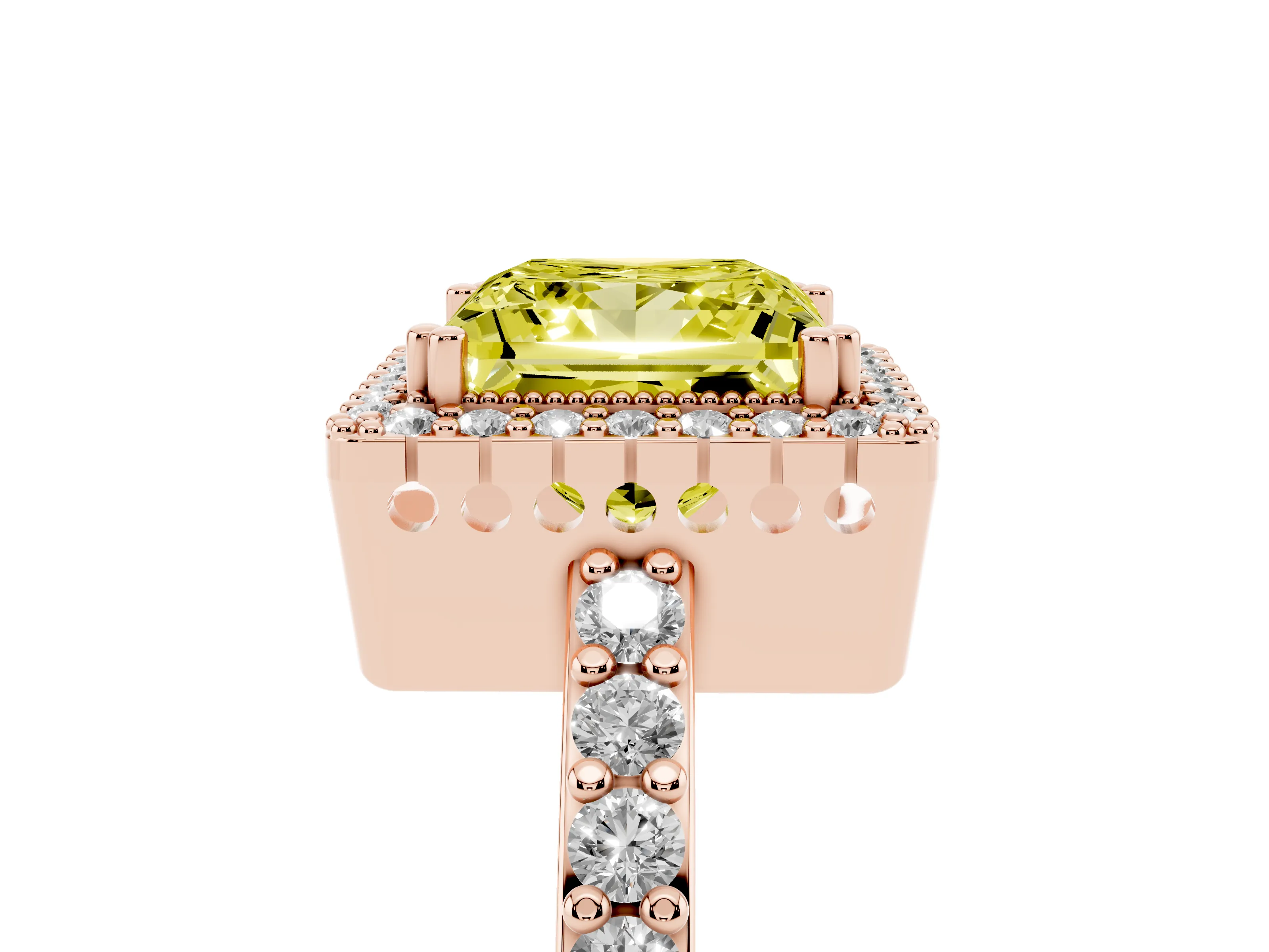 Fancy Yellow Princess Cut Diamond Halo Engagement Ring Set in Rose gold with Milgrain Detail and Pavé Band