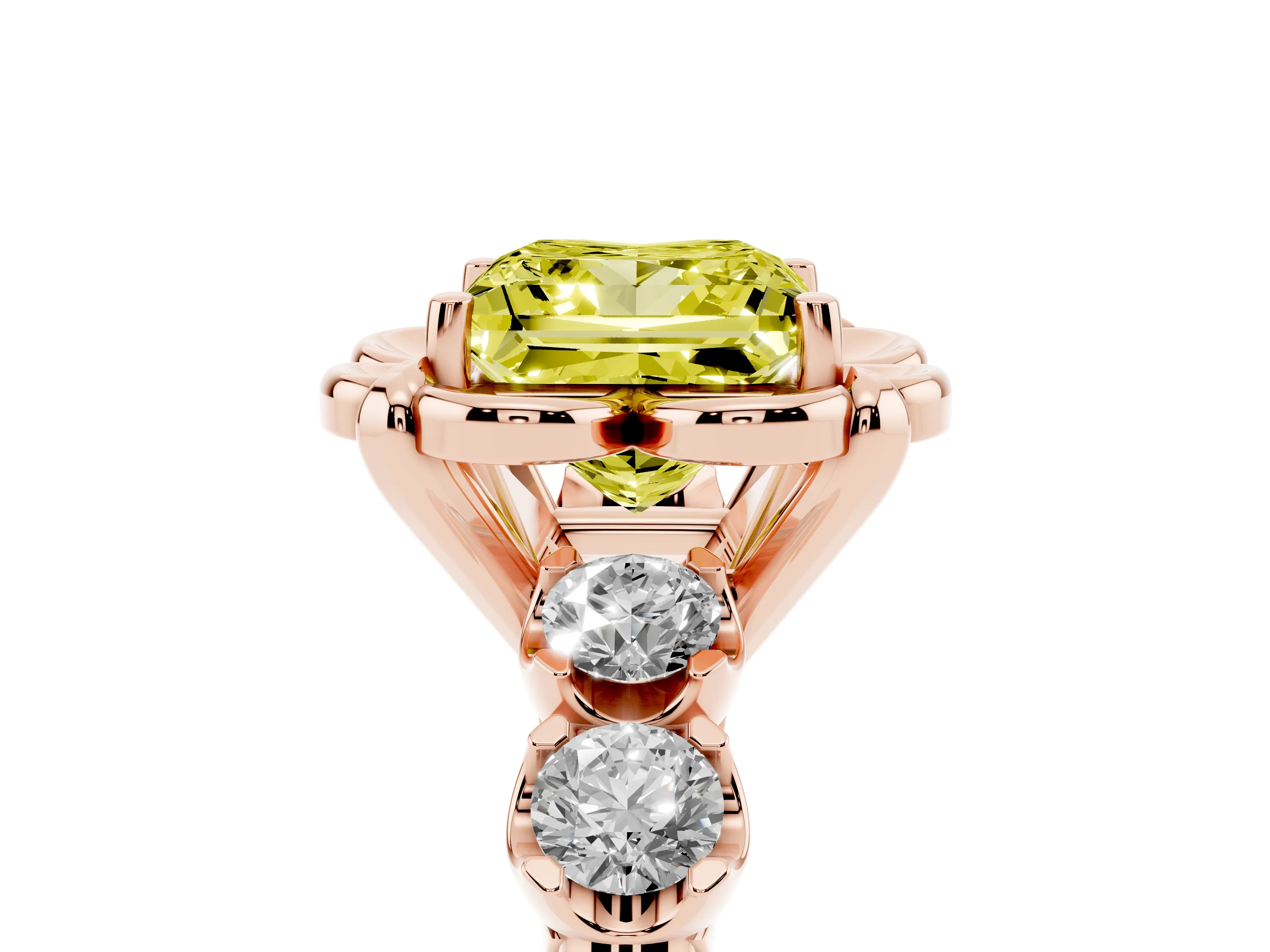 Fancy Yellow Princess Cut Diamond Floral Halo Ring Set in Rose gold with Shared Prong Band