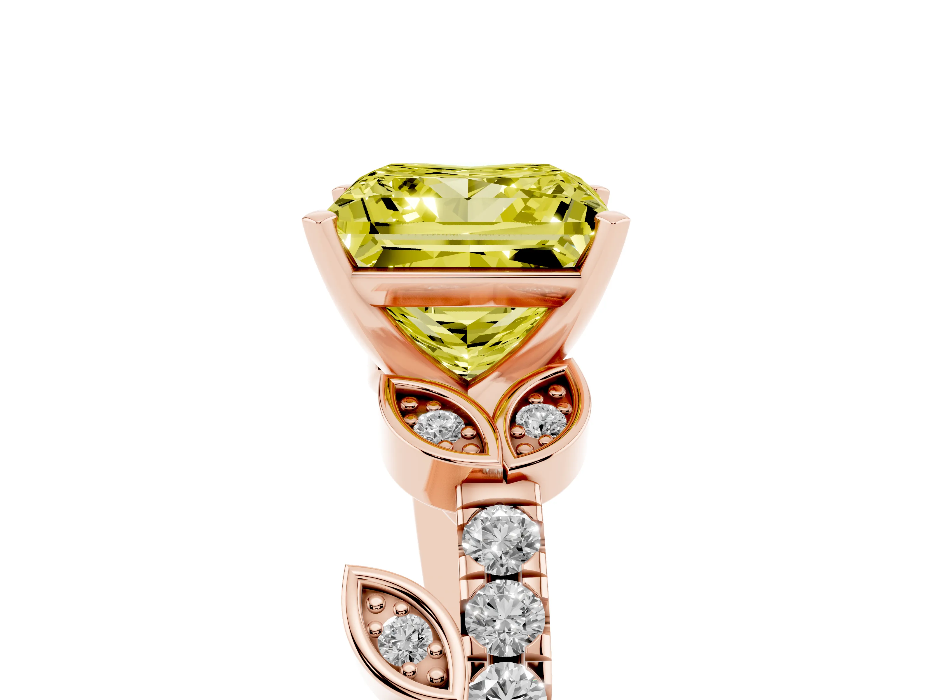 Fancy Yellow Princess Cut Diamond Solitaire Leaf-Inspired Ring Set in Rose gold with Pavé Band and Prong Setting