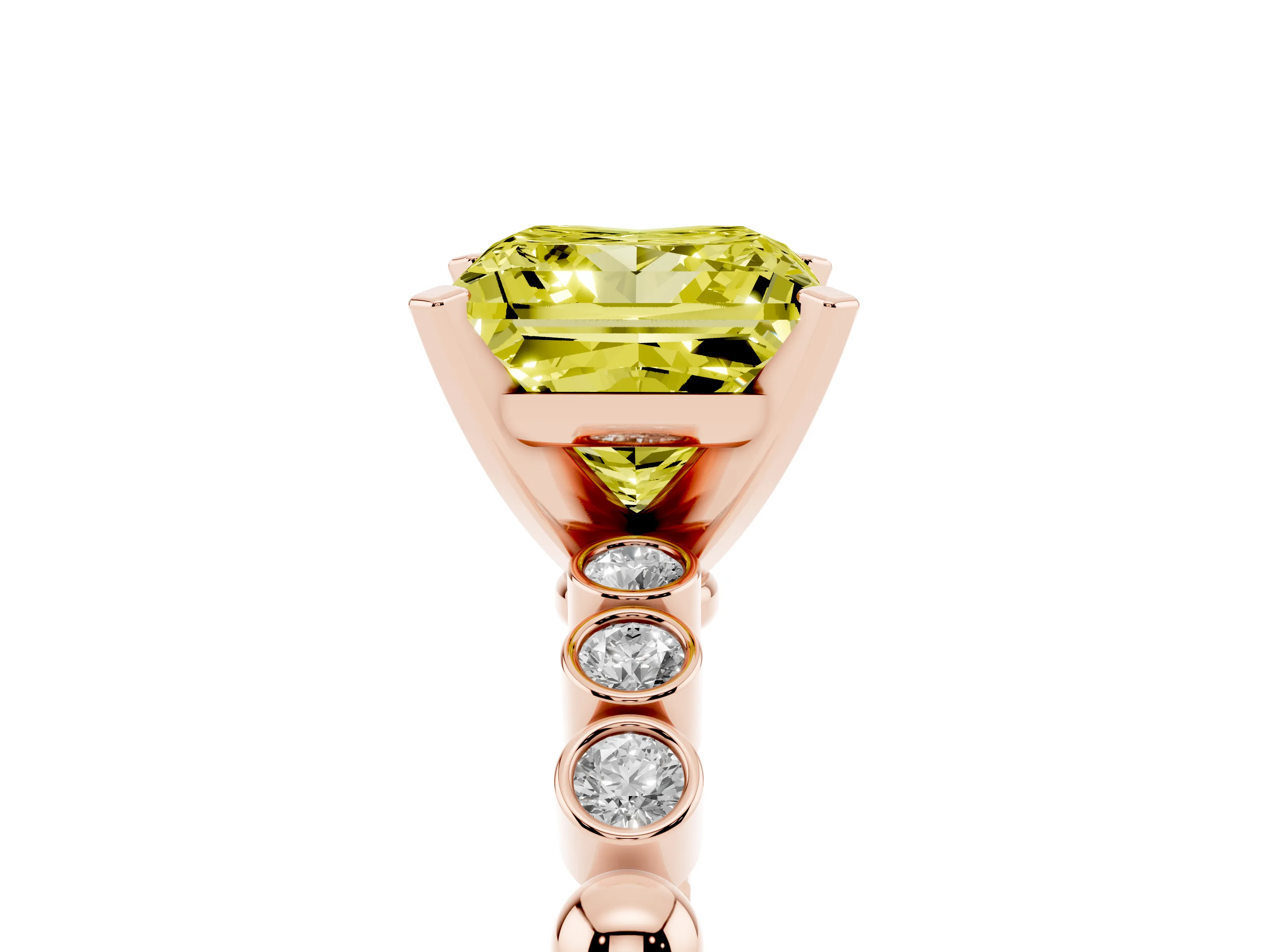 Fancy Yellow Princess Cut Diamond Solitaire Engagement Ring Set in Rose gold with Bezel Accents on Beaded Band