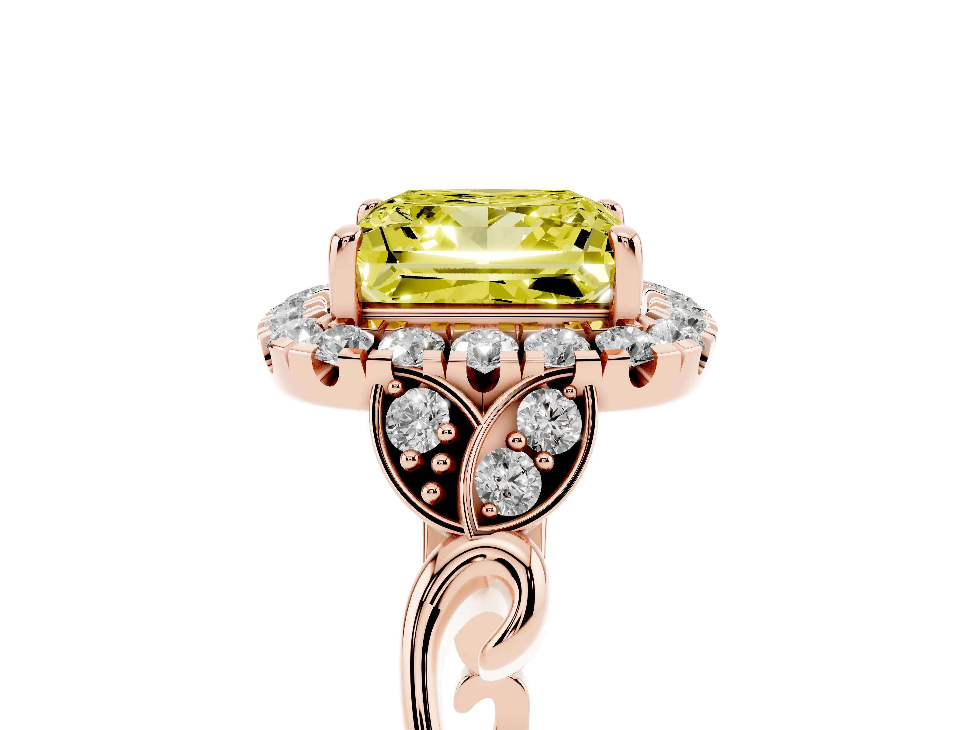 Fancy Yellow Princess Cut Diamond Halo Engagement Ring Set in Rose gold with Vintage-Inspired Band and Prong Setting