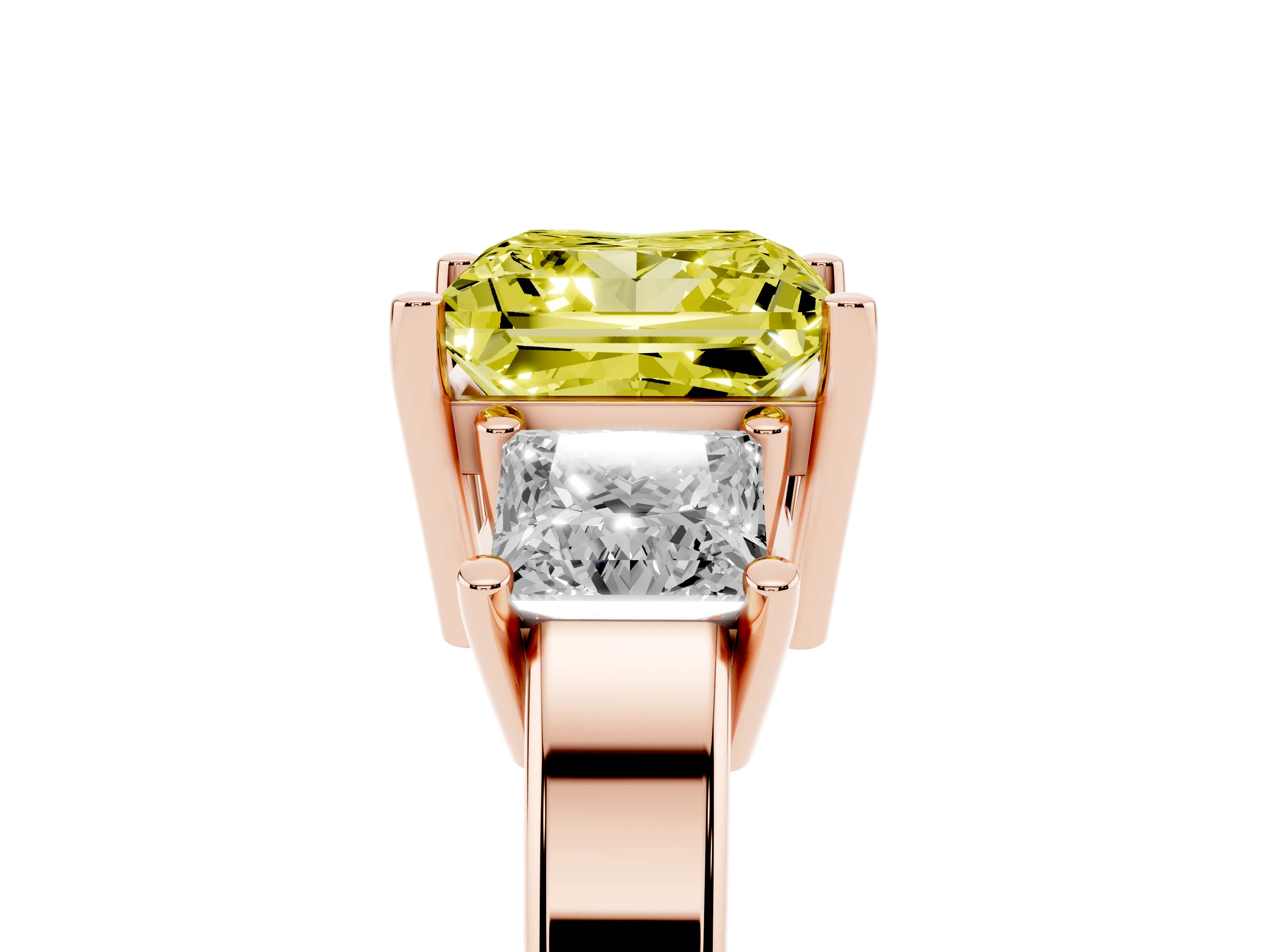 Fancy Yellow Three-Stone Princess Cut Diamond Solitaire Ring Set in Rose gold with Prong Setting