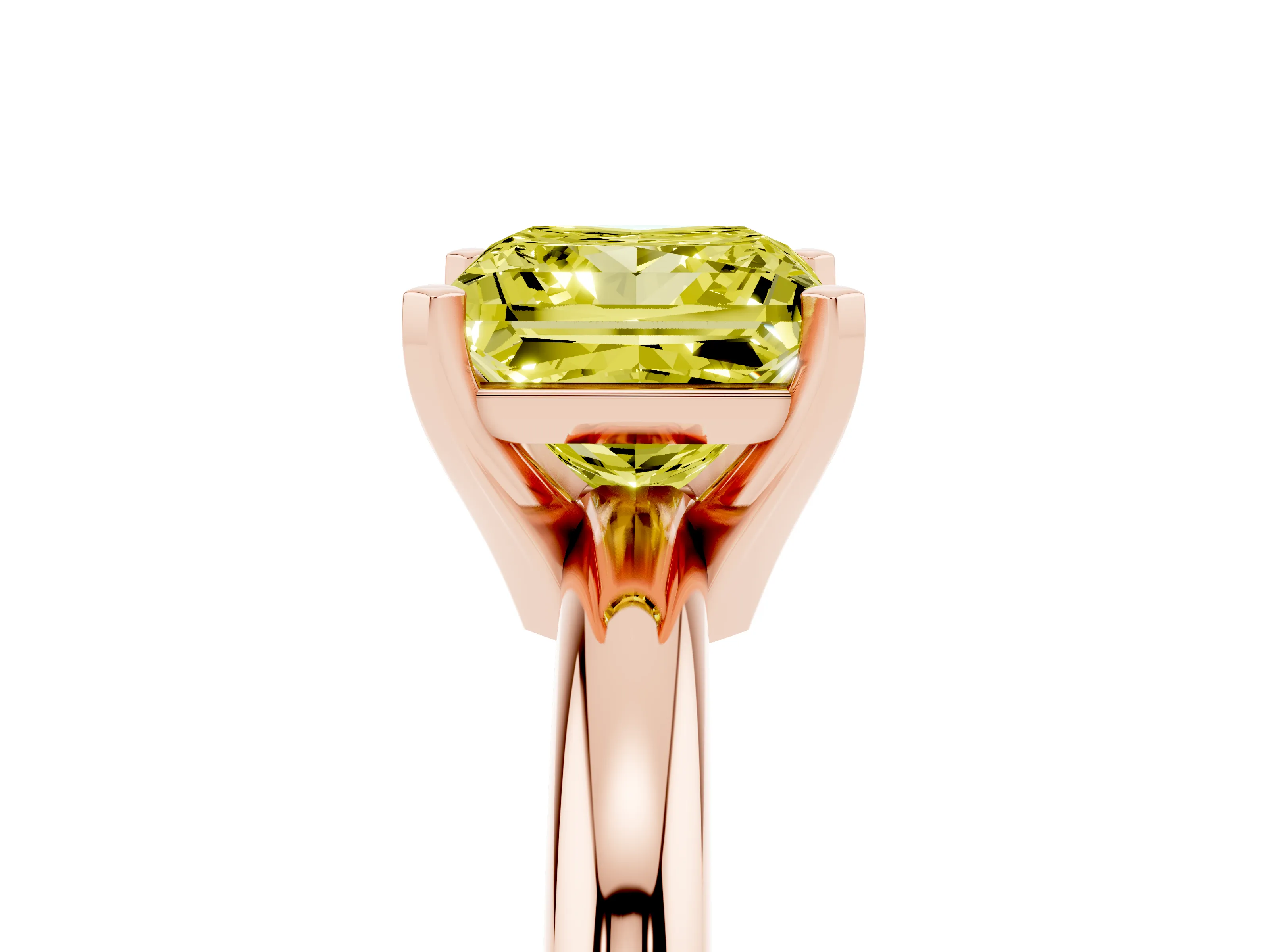 Fancy Yellow Princess Cut Diamond Solitaire Engagement Ring Set in Rose gold with Round Band and Prong Setting