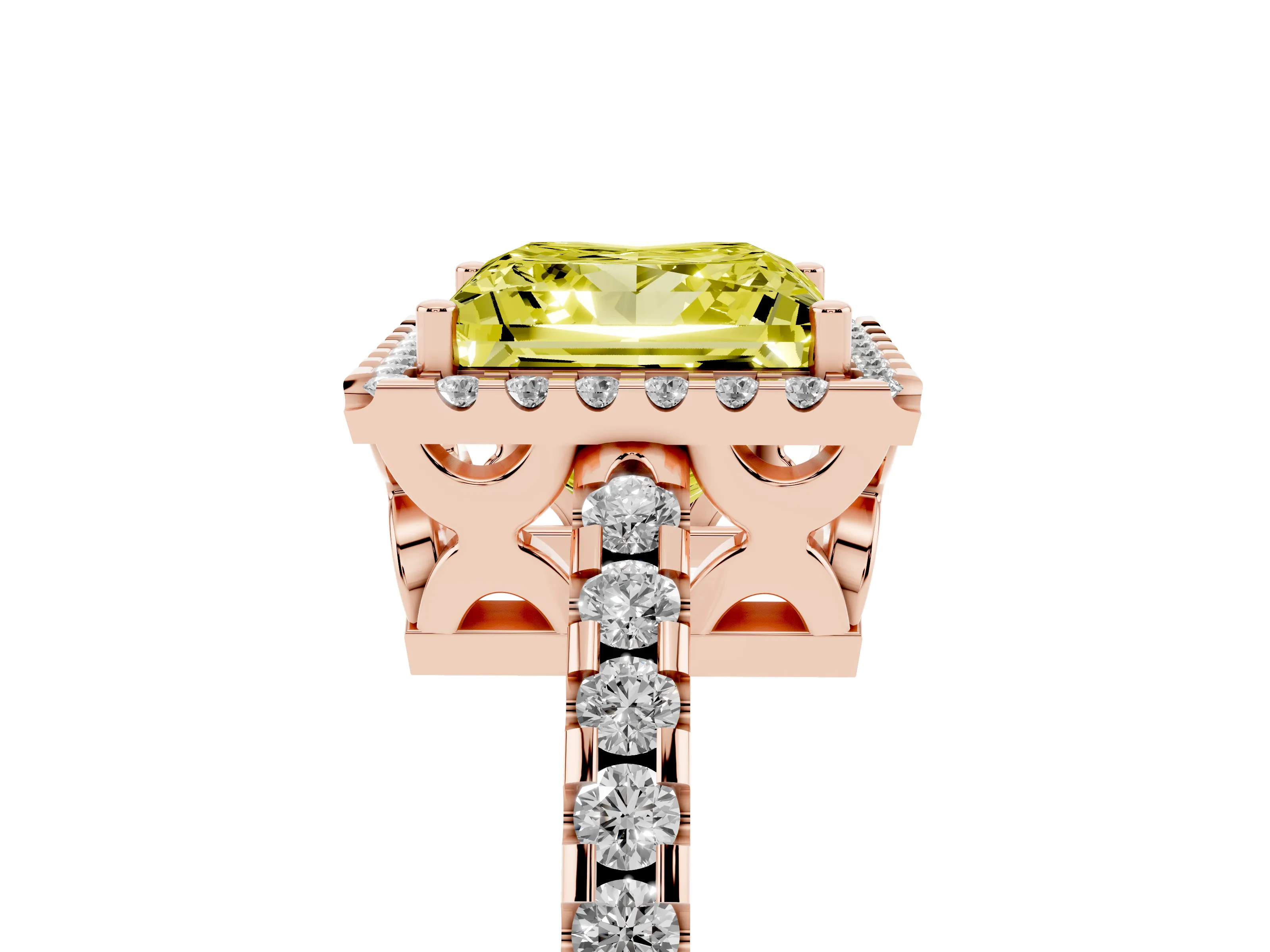 Fancy Yellow Princess Cut Diamond Halo Ring Set in Rose gold with Pavé Shoulders and Halo-Framed Center