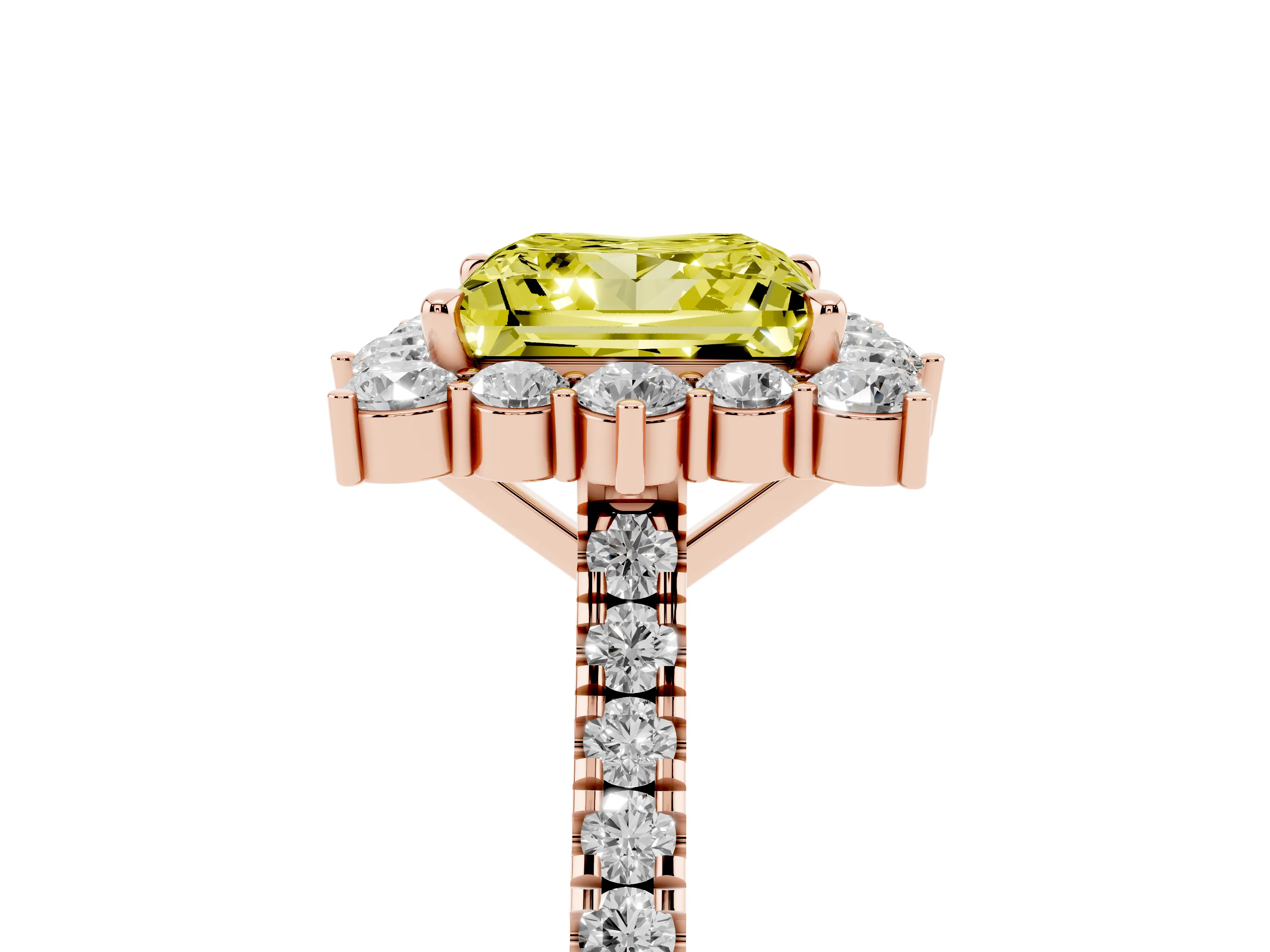 Fancy Yellow Princess Cut Diamond Halo Ring Set in Rose gold with Pavé Band and Prong Setting
