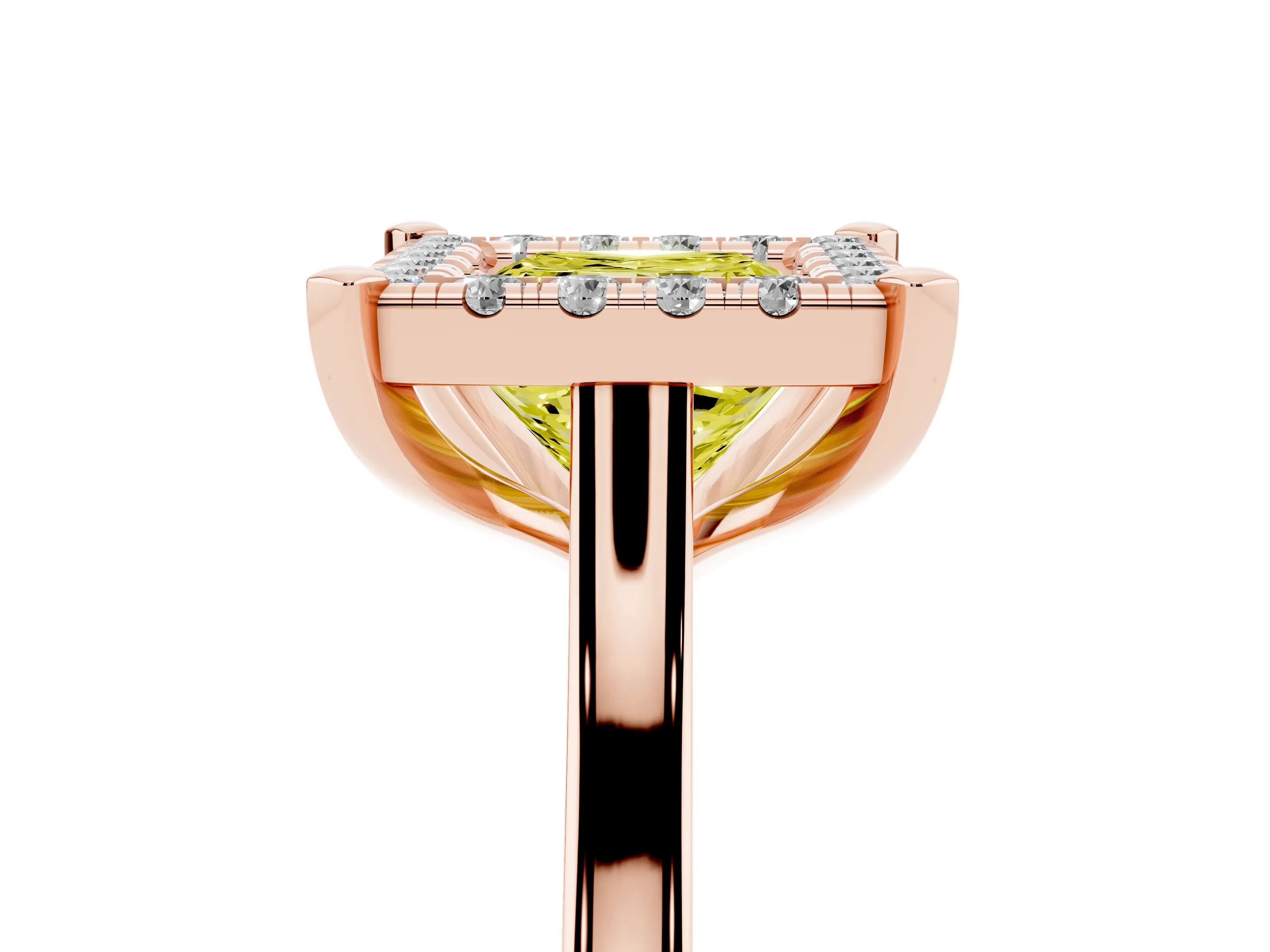 Fancy Yellow Princess Cut Diamond Cluster Halo Solitaire Ring Set in Rose gold with Prong Setting