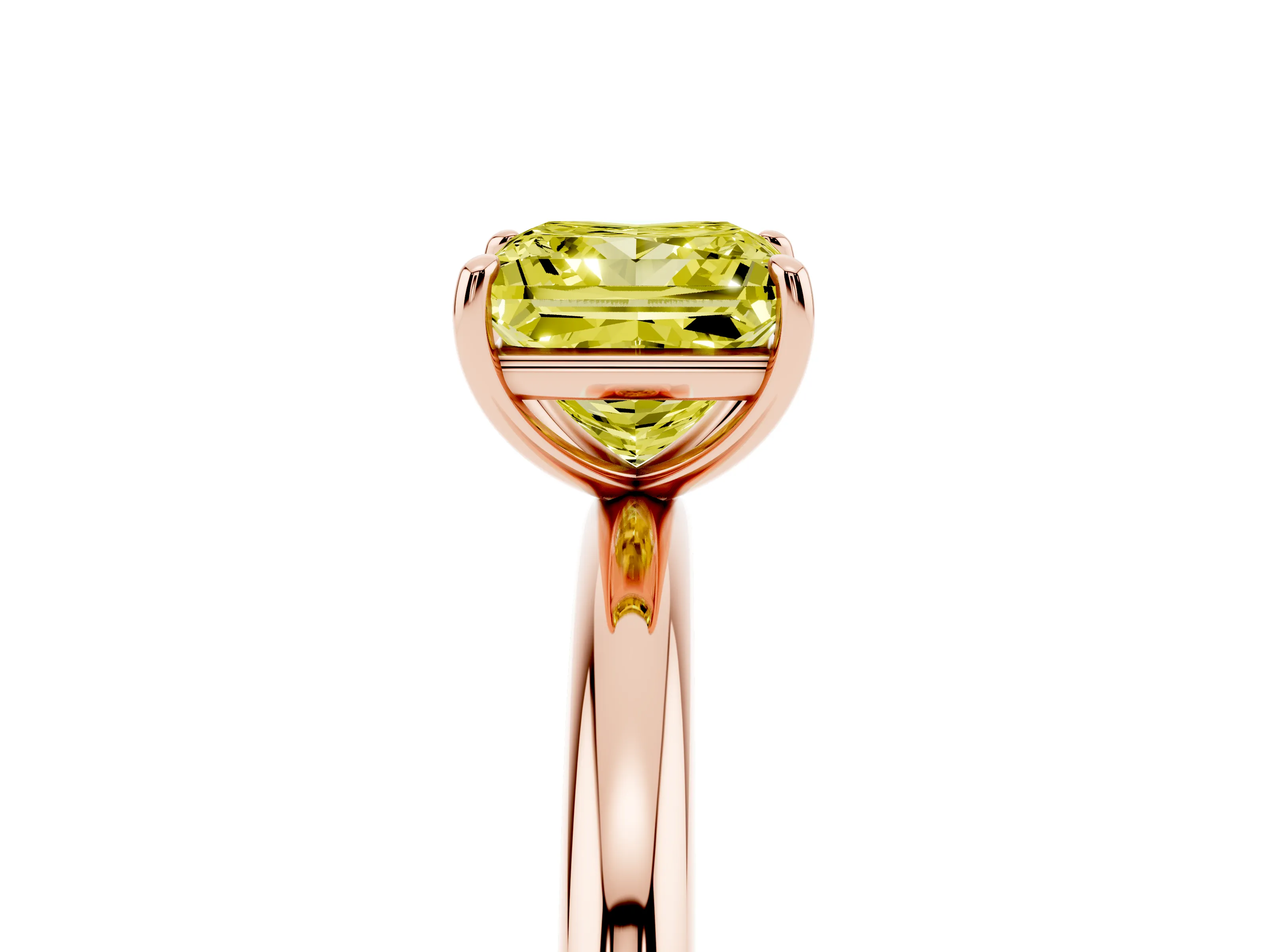 Fancy Yellow Princess Cut Diamond Solitaire Ring Set in Rose gold with Prong Setting on a Polished Plain Band