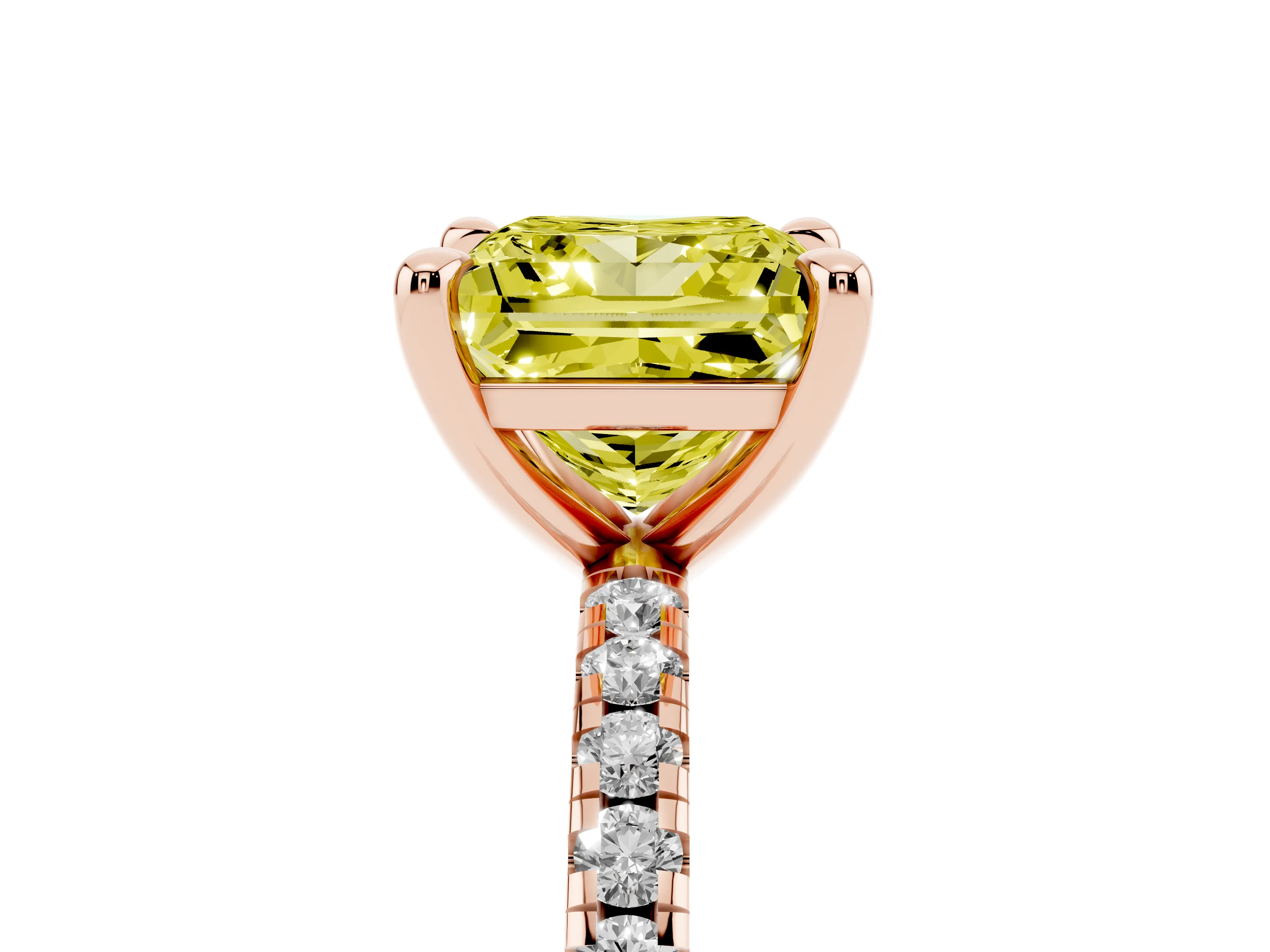 Fancy Yellow Princess Cut Diamond Brilliant Solitaire Ring Set in Rose gold with Pavé Band and Prong Setting