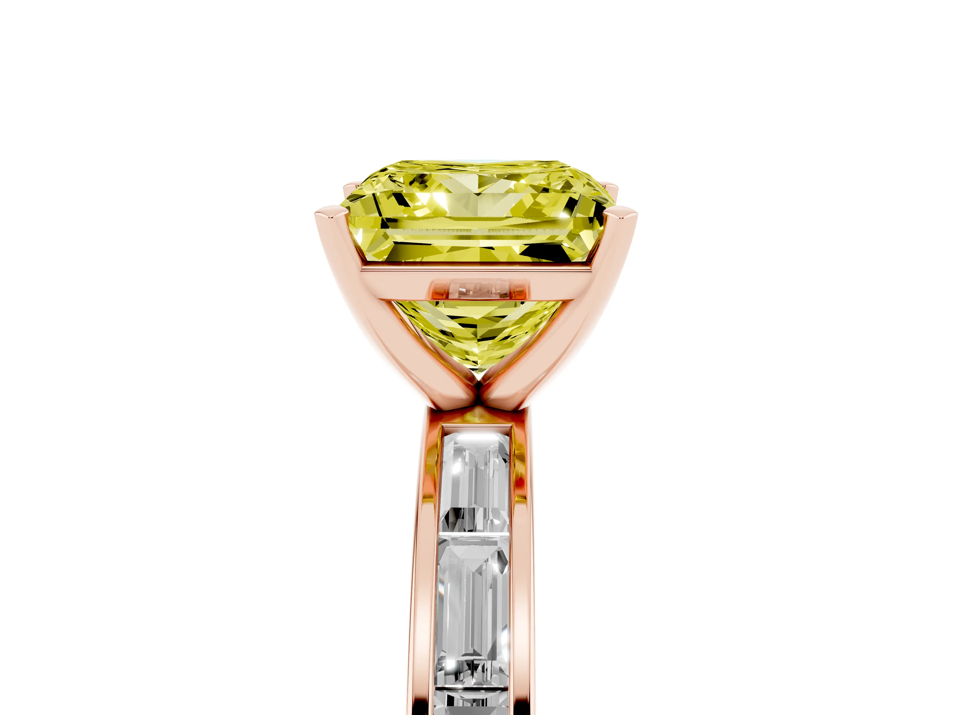 Fancy Yellow Princess Cut Diamond Solitaire Ring Set in Rose gold with Channel-Set Baguette Band and Prong Setting
