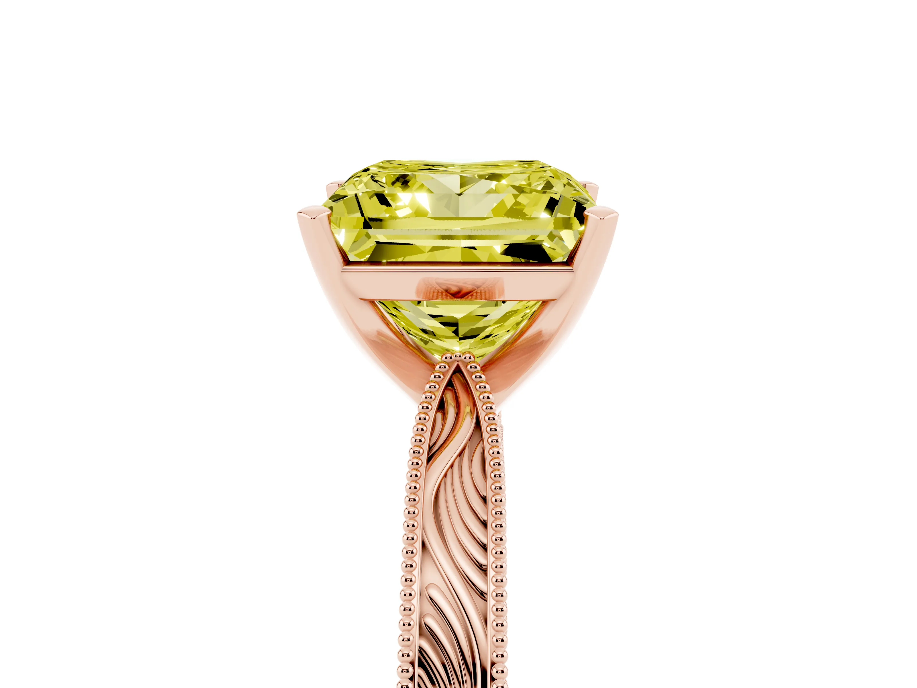 Fancy Yellow Princess Cut Diamond Solitaire Milgrain Engraved Band Set in Rose gold with Prong Setting