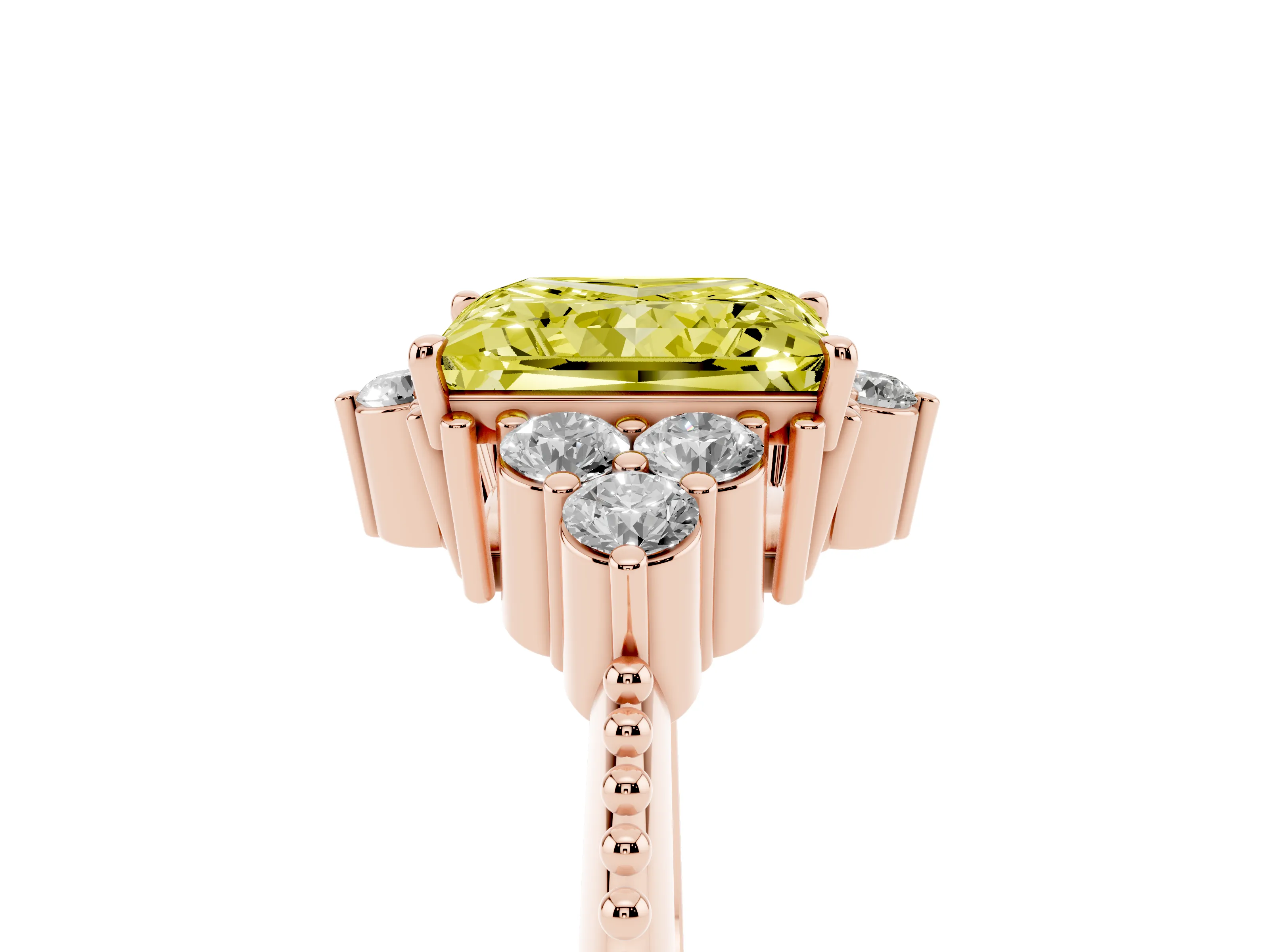 Fancy Yellow Princess Cut Diamond Cluster Ring Set in Rose gold with Beaded Band