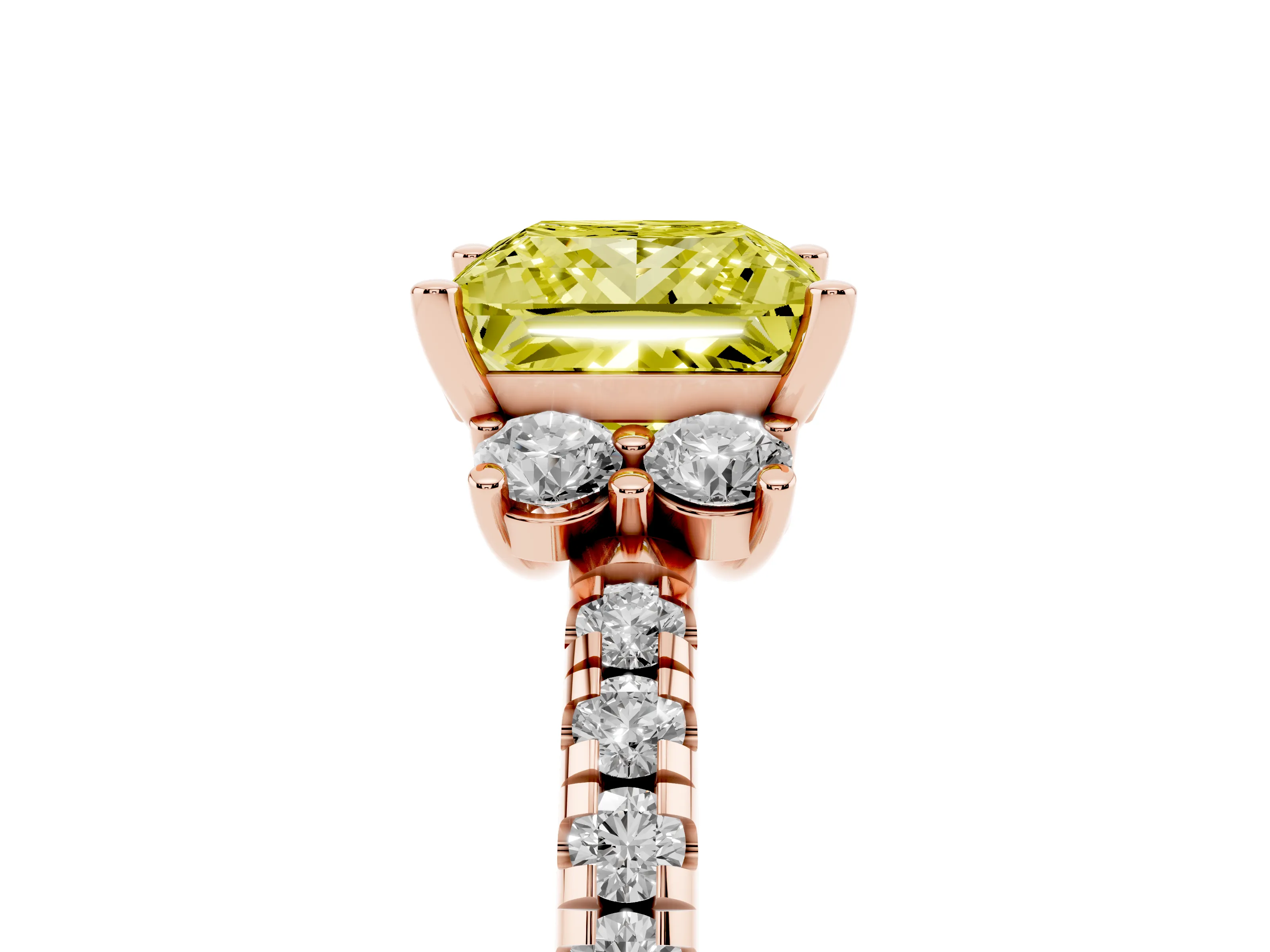 Fancy Yellow Princess Cut Diamond Three-Stone Pavé Ring Set in Rose gold with Prong Setting