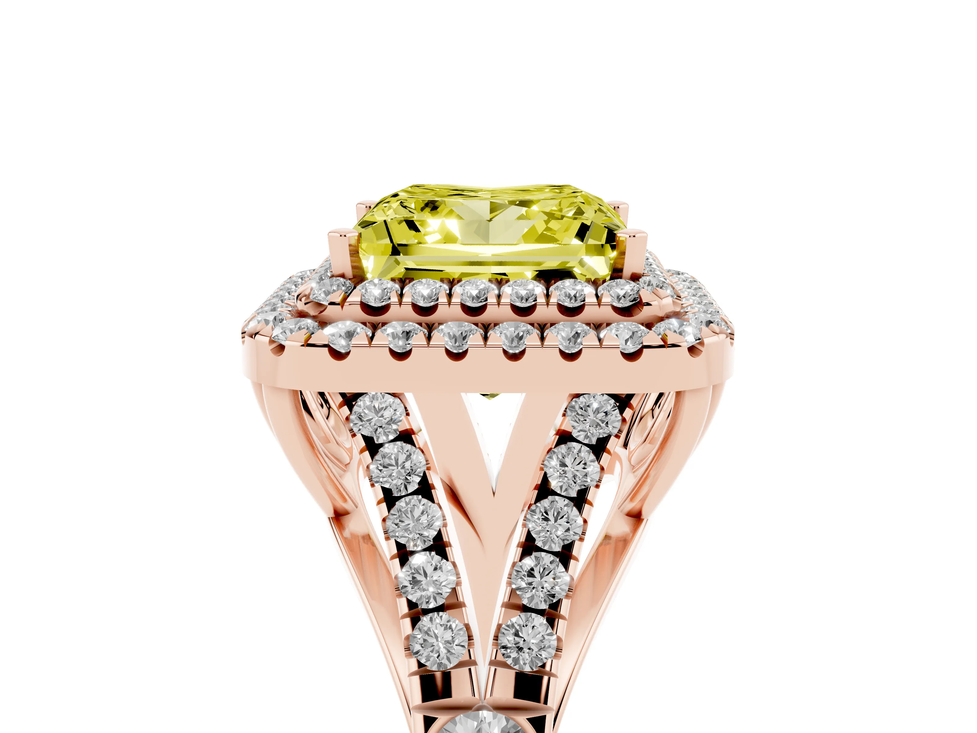 Fancy Yellow Princess Cut Diamond Pavé Split Shank Double Halo Engagement Ring Set in Rose gold