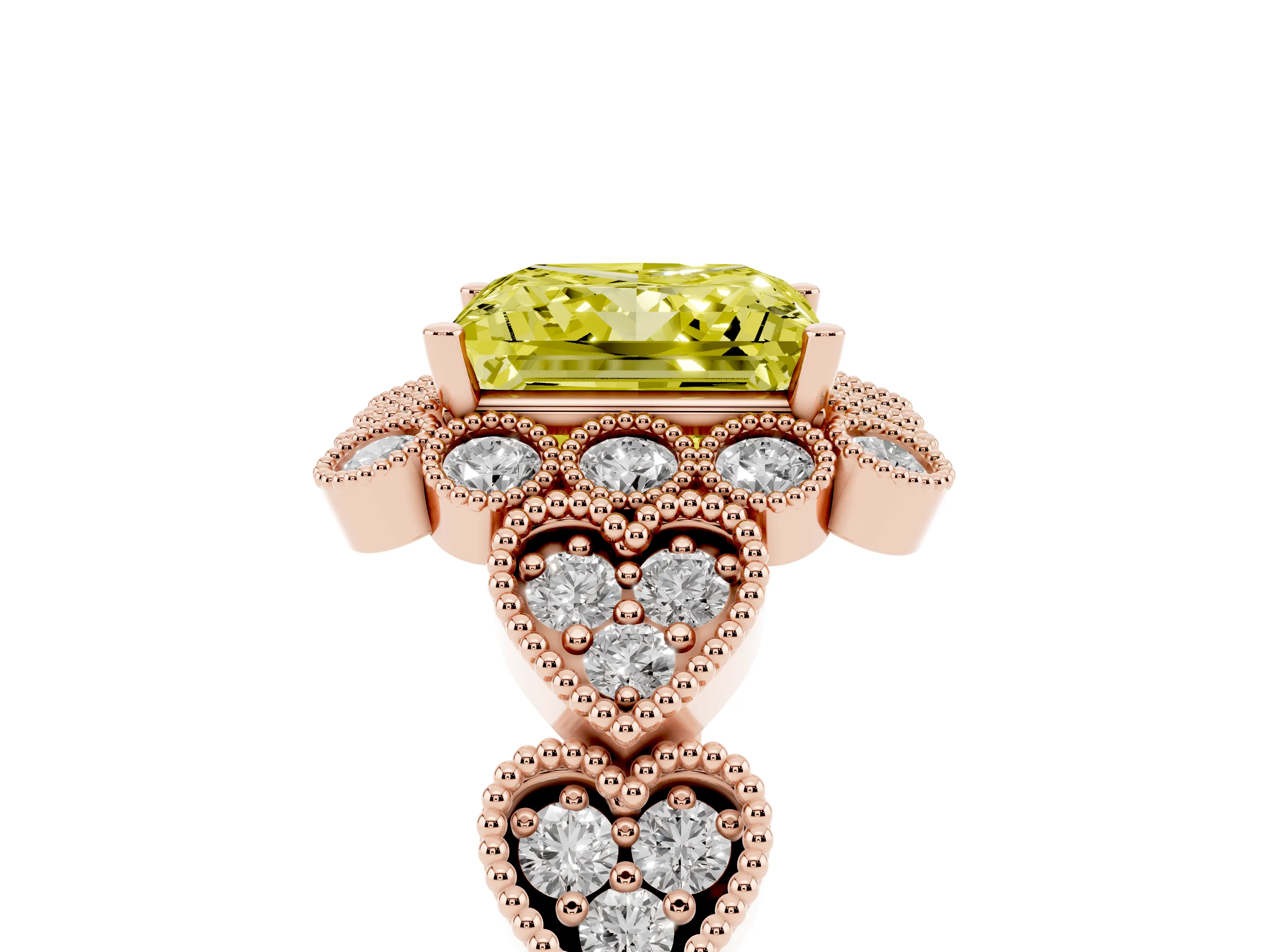 Fancy Yellow Princess Cut Diamond Solitaire Ring Set in Rose gold with Milgrain Pavé Heart Band