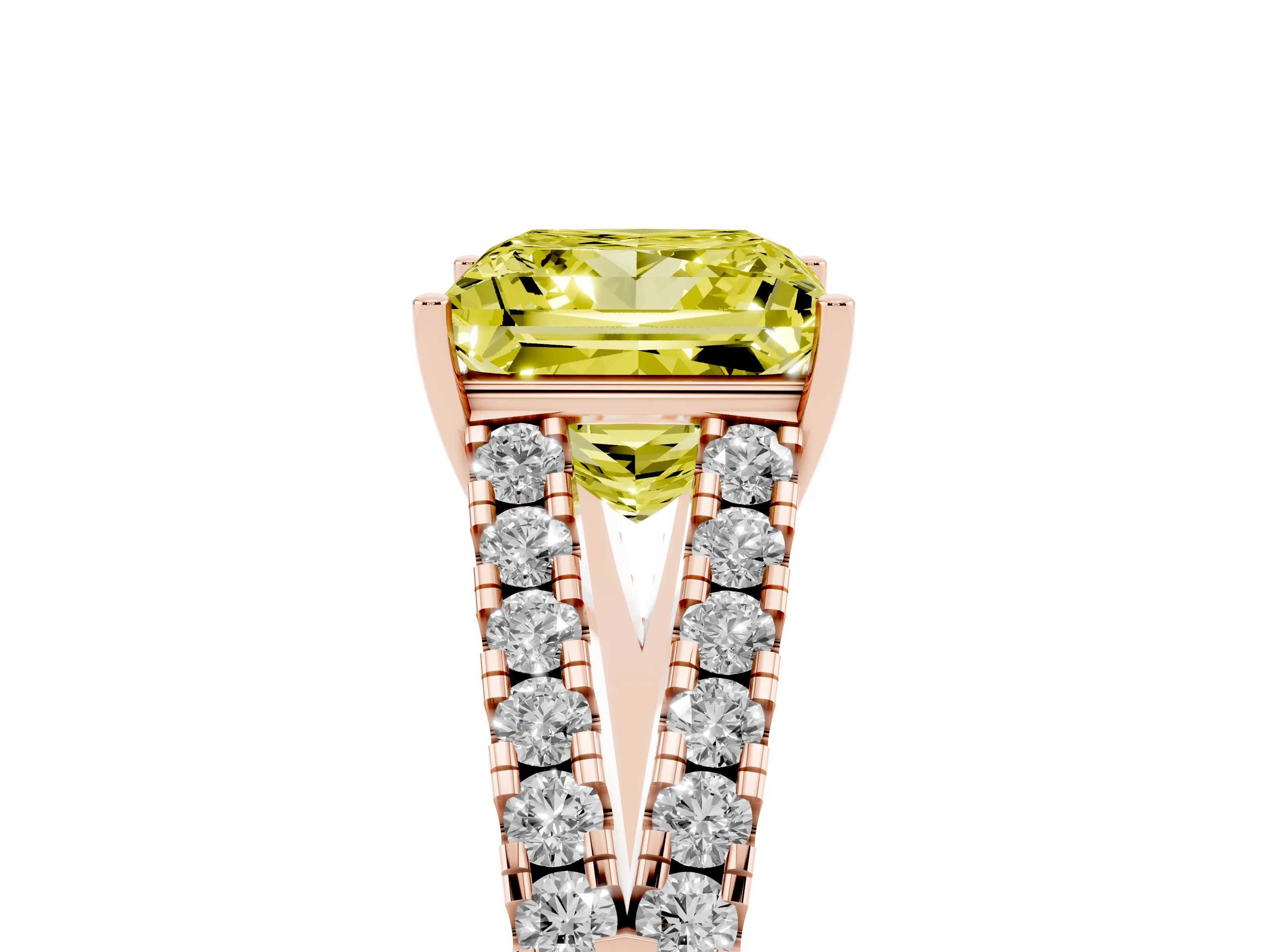 Fancy Yellow Princess Cut Diamond Split Shank Pavé Engagement Ring Set in Rose gold with Prong-Held Center Stone
