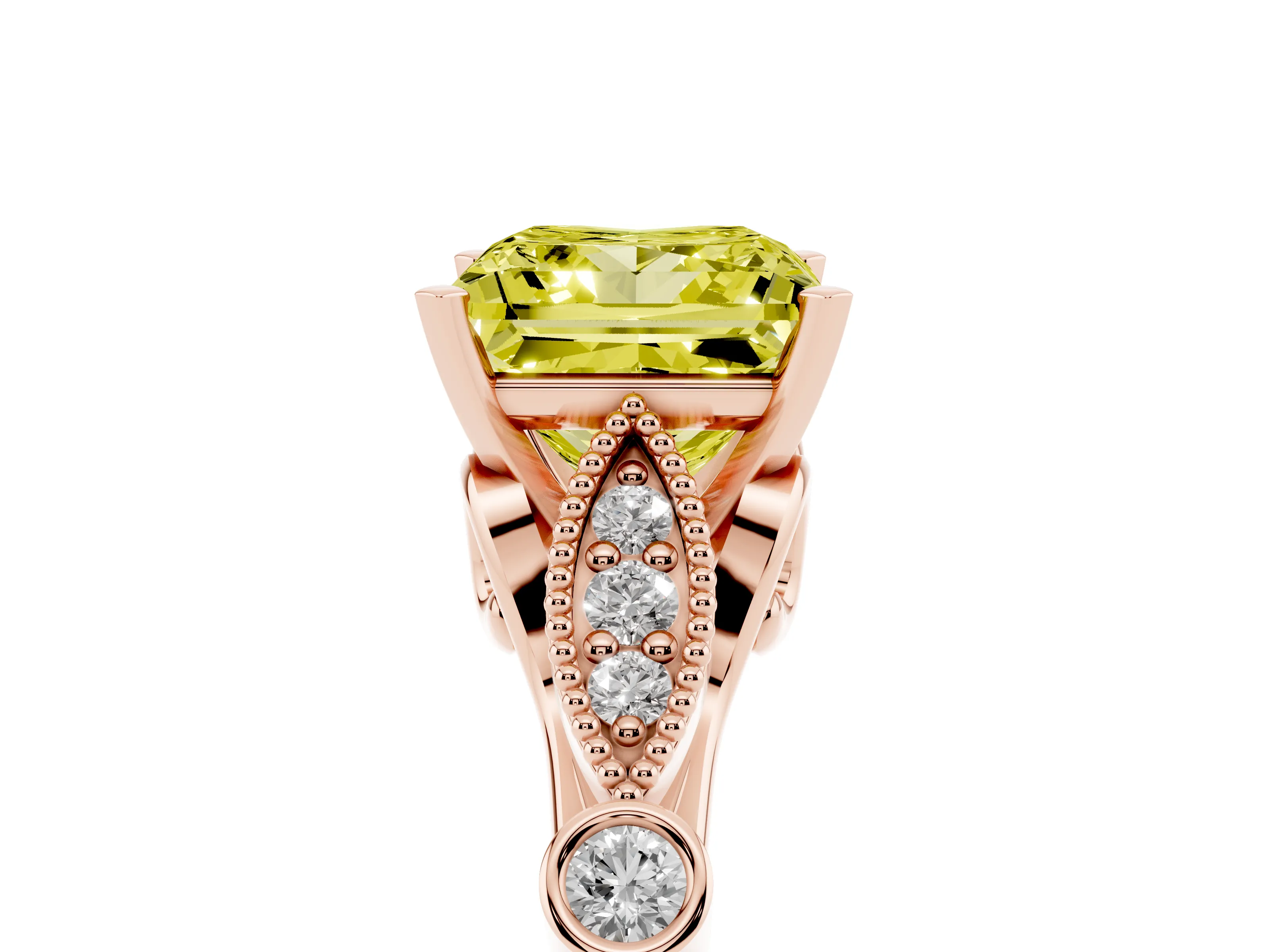 Fancy Yellow Princess Cut Diamond Solitaire Ring Set in Rose gold with Milgrain Marquise and Bezel Accents
