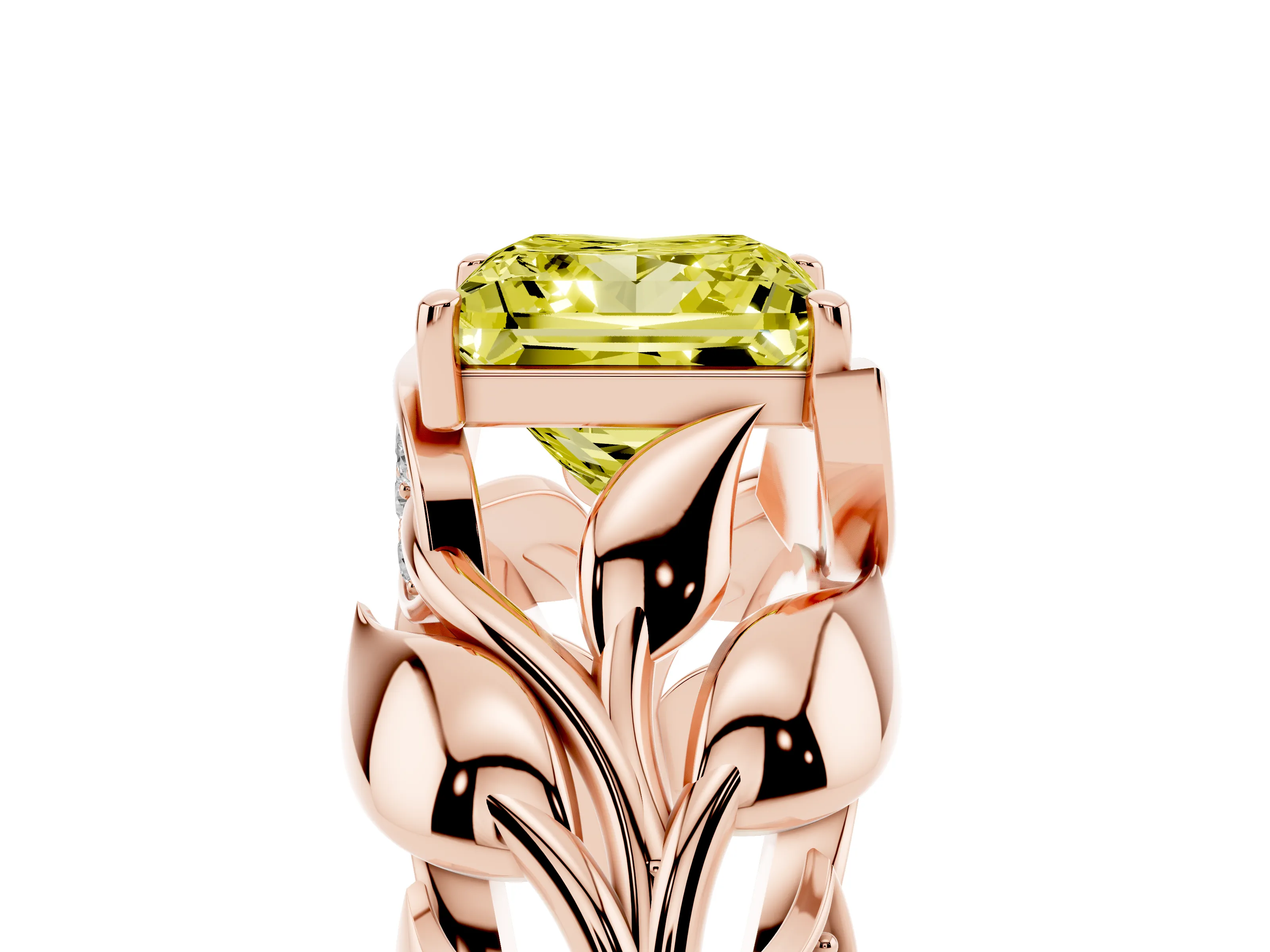 Fancy Yellow Princess Cut Diamond Leaf-Inspired Engagement Ring Set in Rose gold with Round Accents