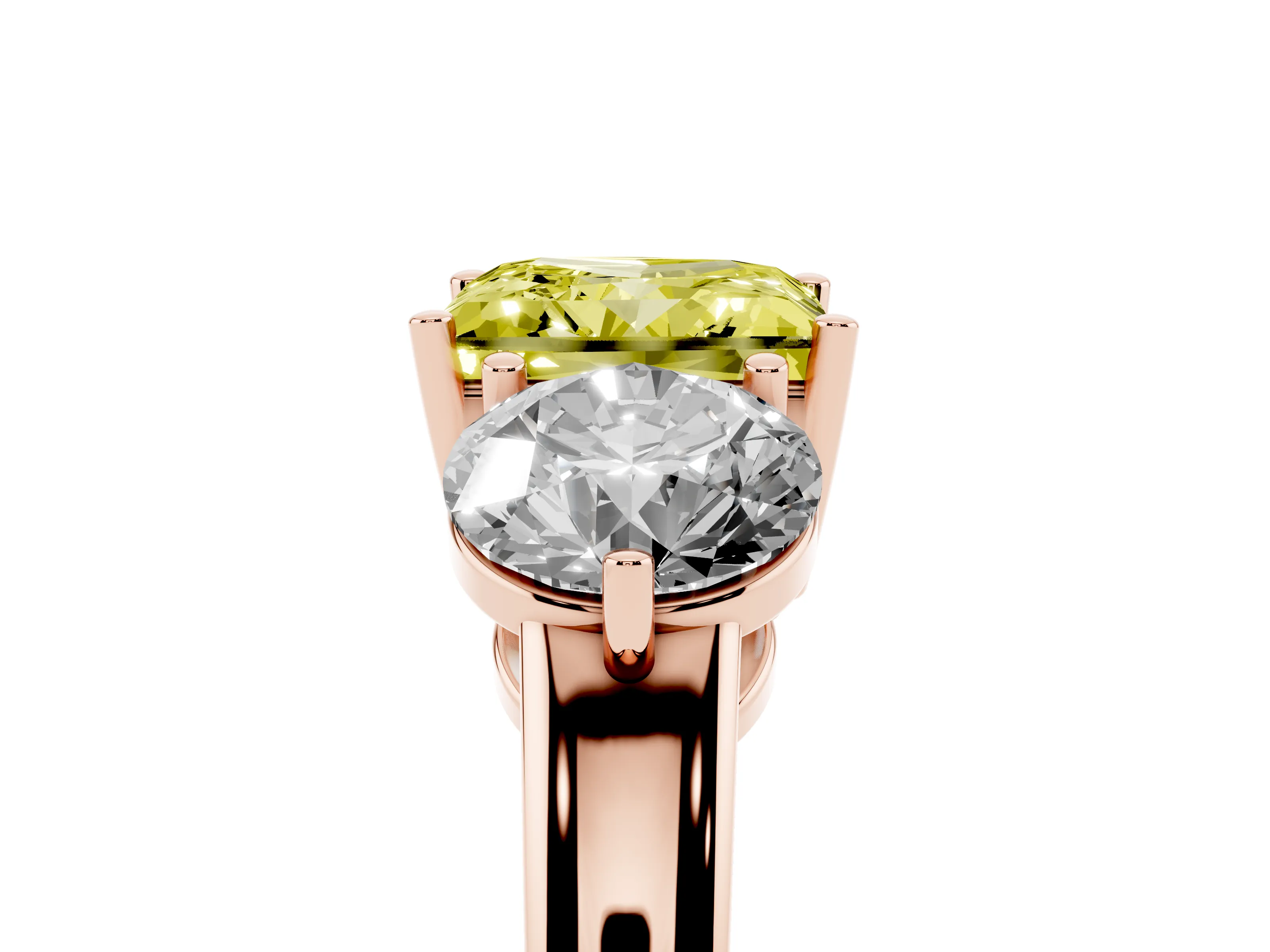 Fancy Yellow Princess Cut Diamond Three-Stone Ring Set in Rose gold with Prong Setting and Plain Band