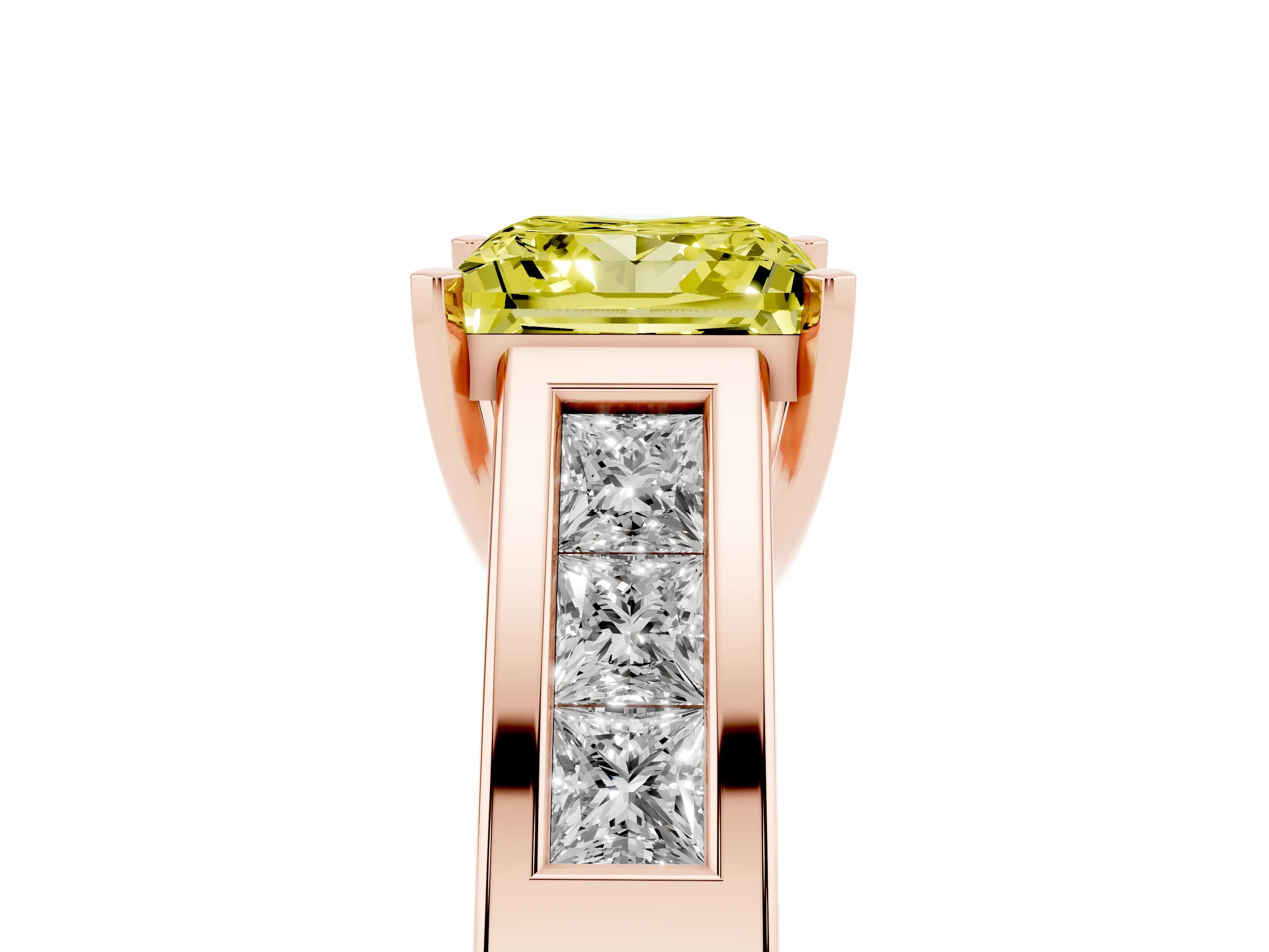 Fancy Yellow Princess Cut Diamond Solitaire Ring Set in Rose gold with Channel-Set Accent Stones and Prong Setting