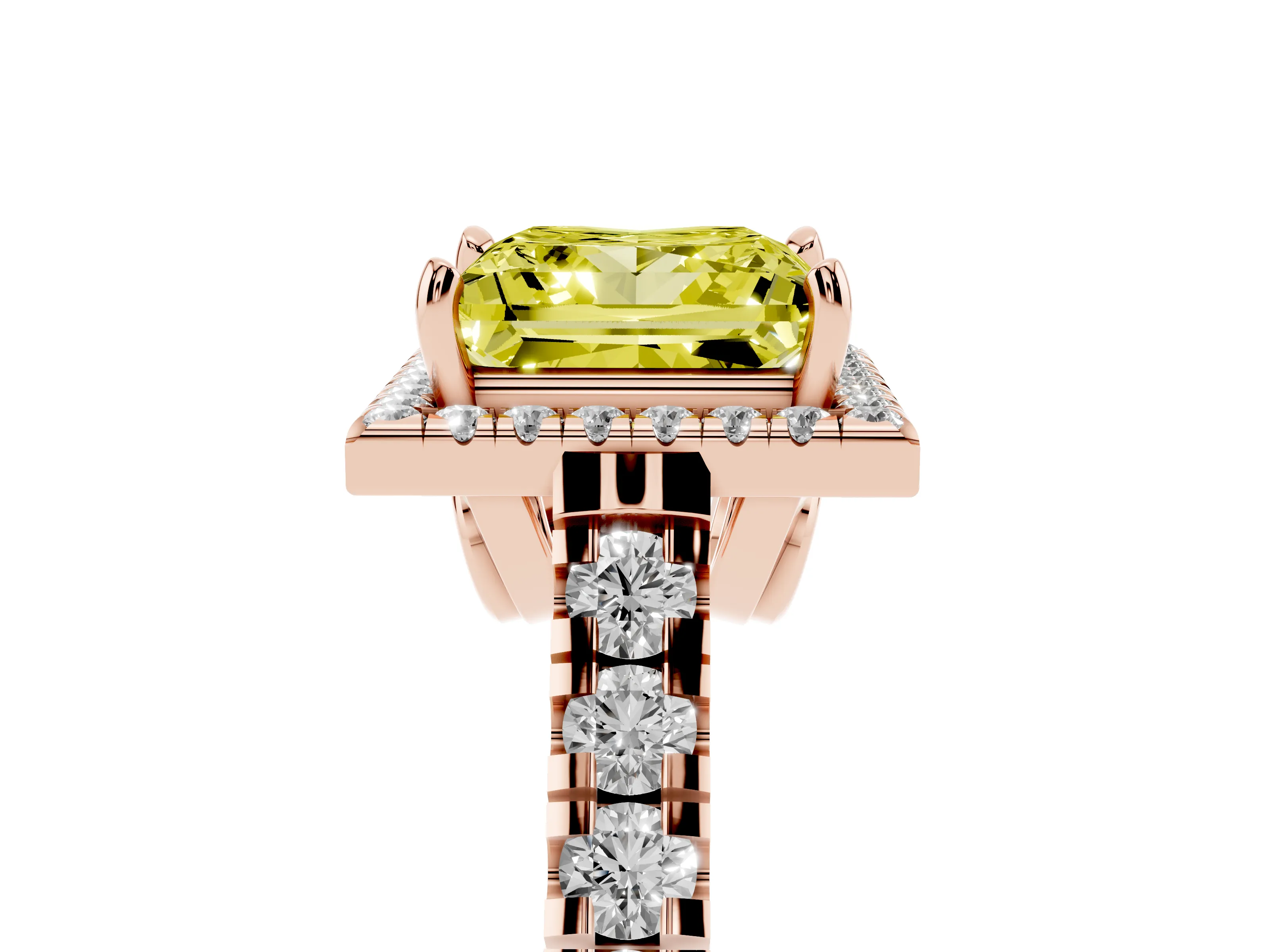 Fancy Yellow Princess Cut Diamond Halo Engagement Ring Set in Rose gold with Pavé Band and Prong-Set Center