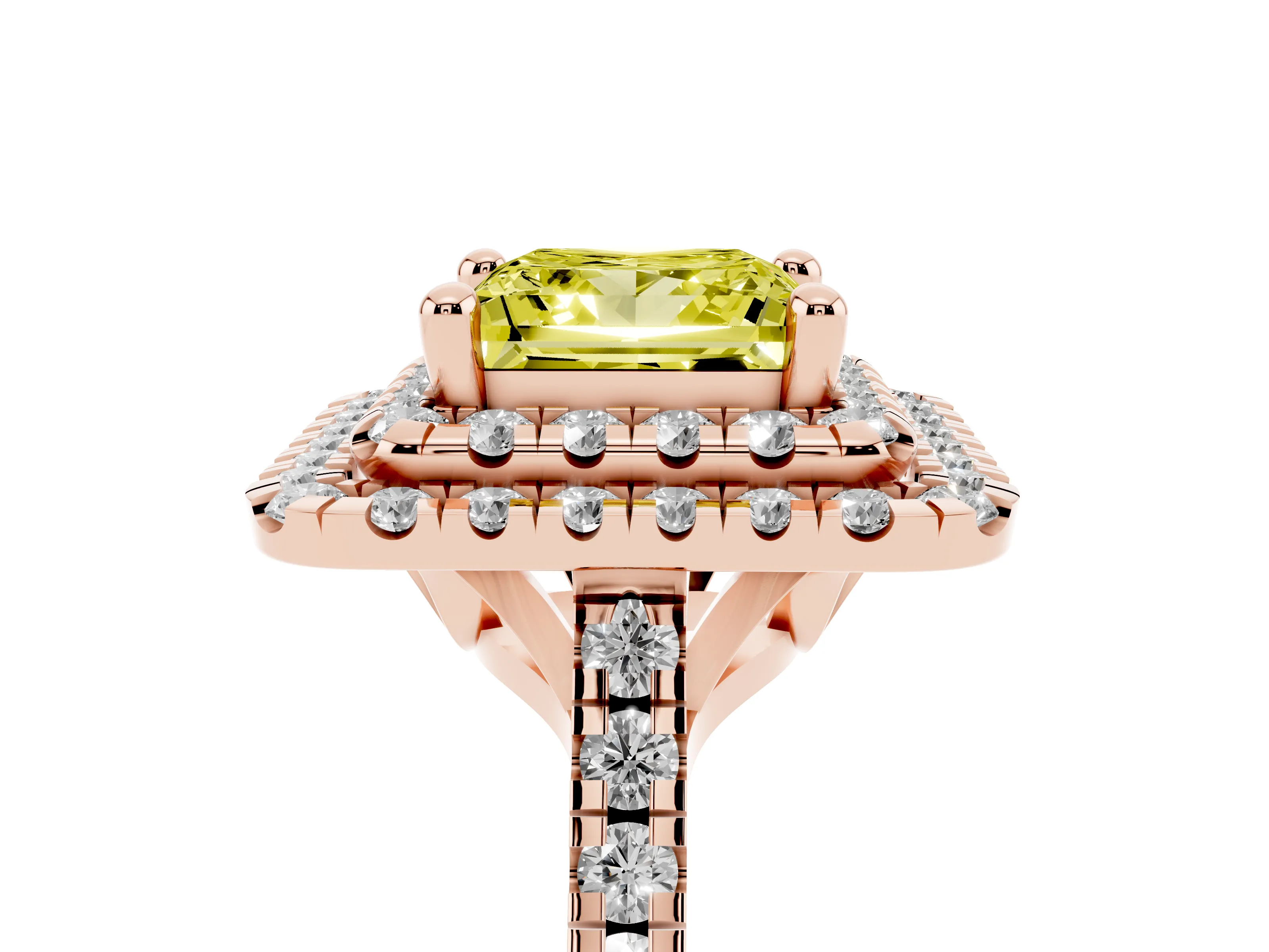 Fancy Yellow Princess Cut Diamond Double Halo Statement Ring Set in Rose gold with Pavé Band