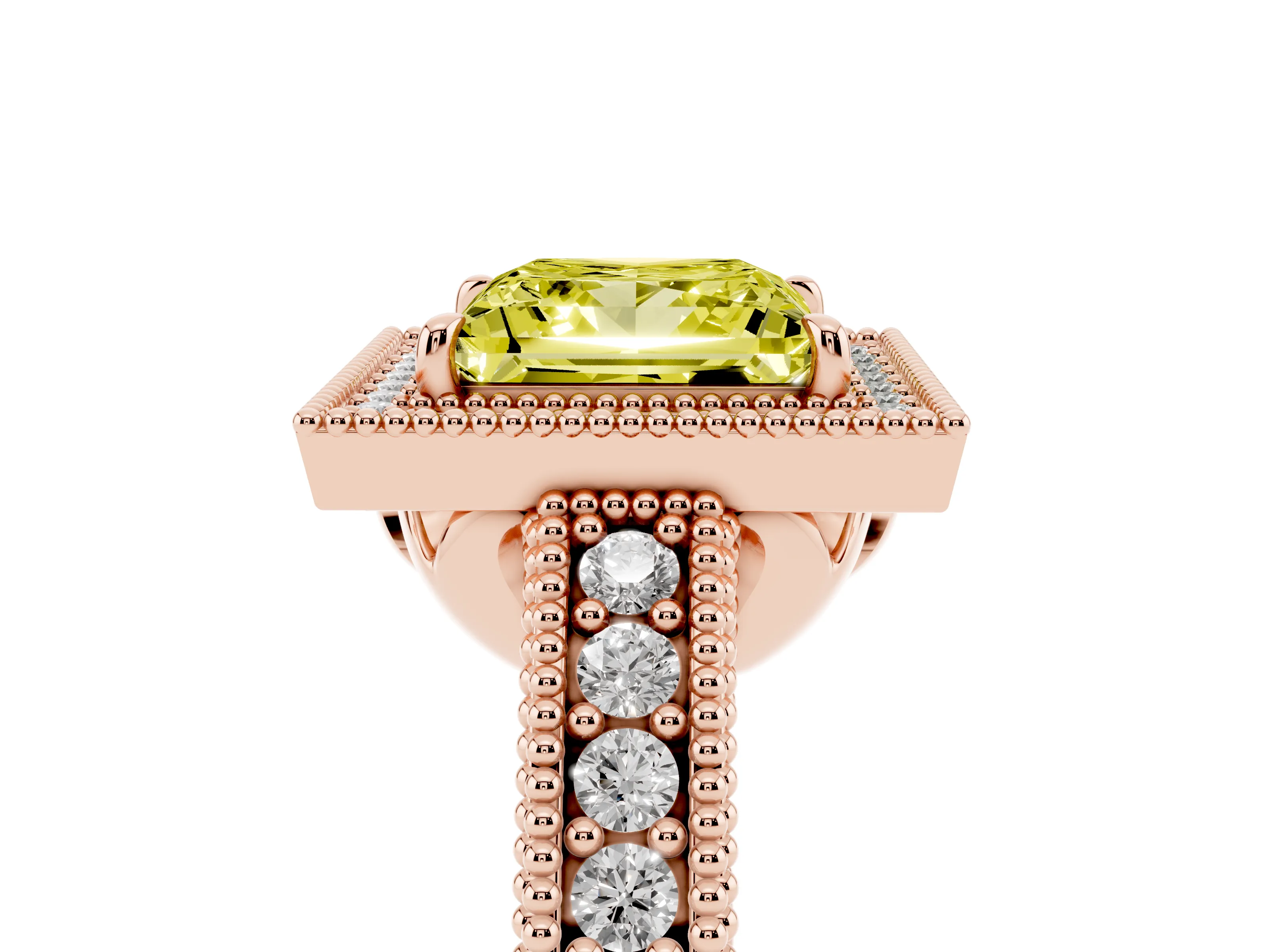 Fancy Yellow Princess Cut Diamond Halo Ring Set in Rose gold with Round Accent Halo, Pavé Band and Prong Setting