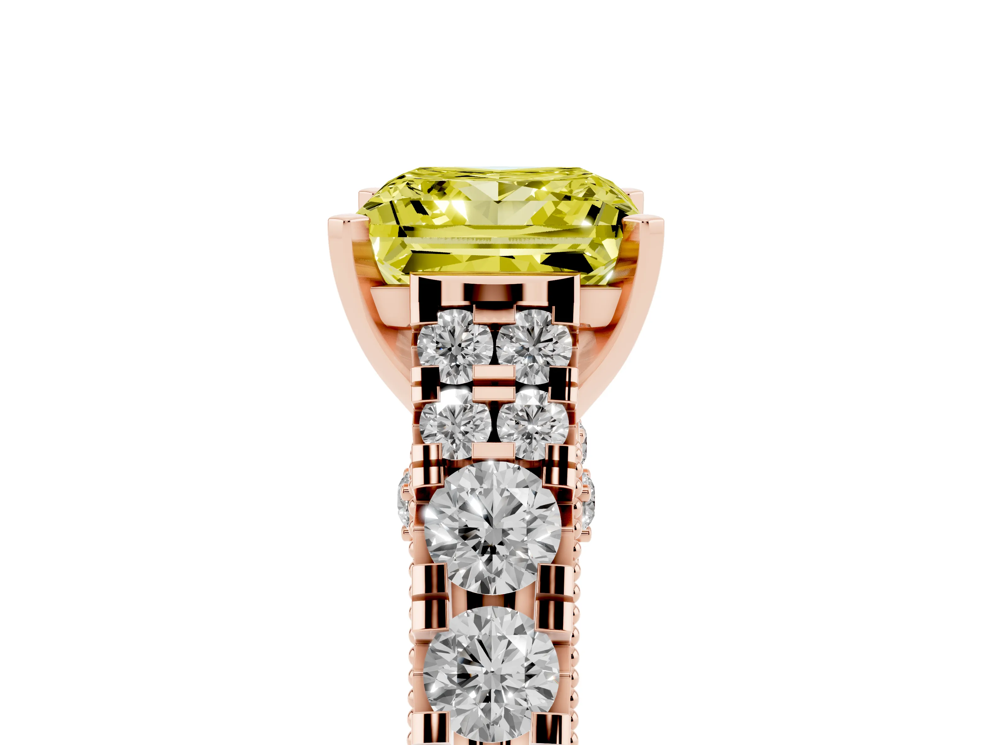Fancy Yellow Princess Cut Diamond Classic Solitaire Ring Set in Rose gold with Pavé Band and Prong Setting