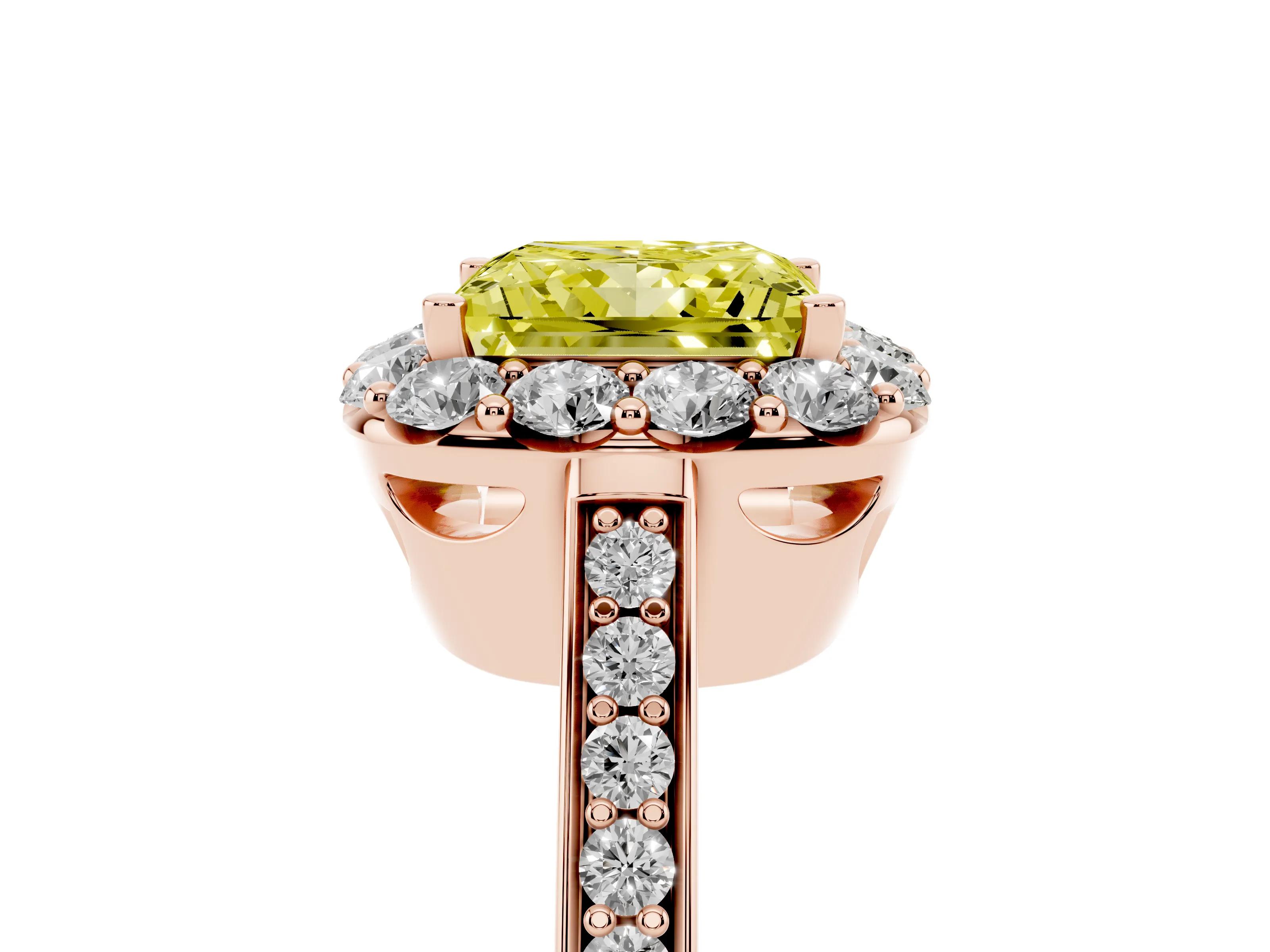 Fancy Yellow Princess Cut Diamond Floral Halo Ring Set in Rose gold with Pavé Band and Prong Setting