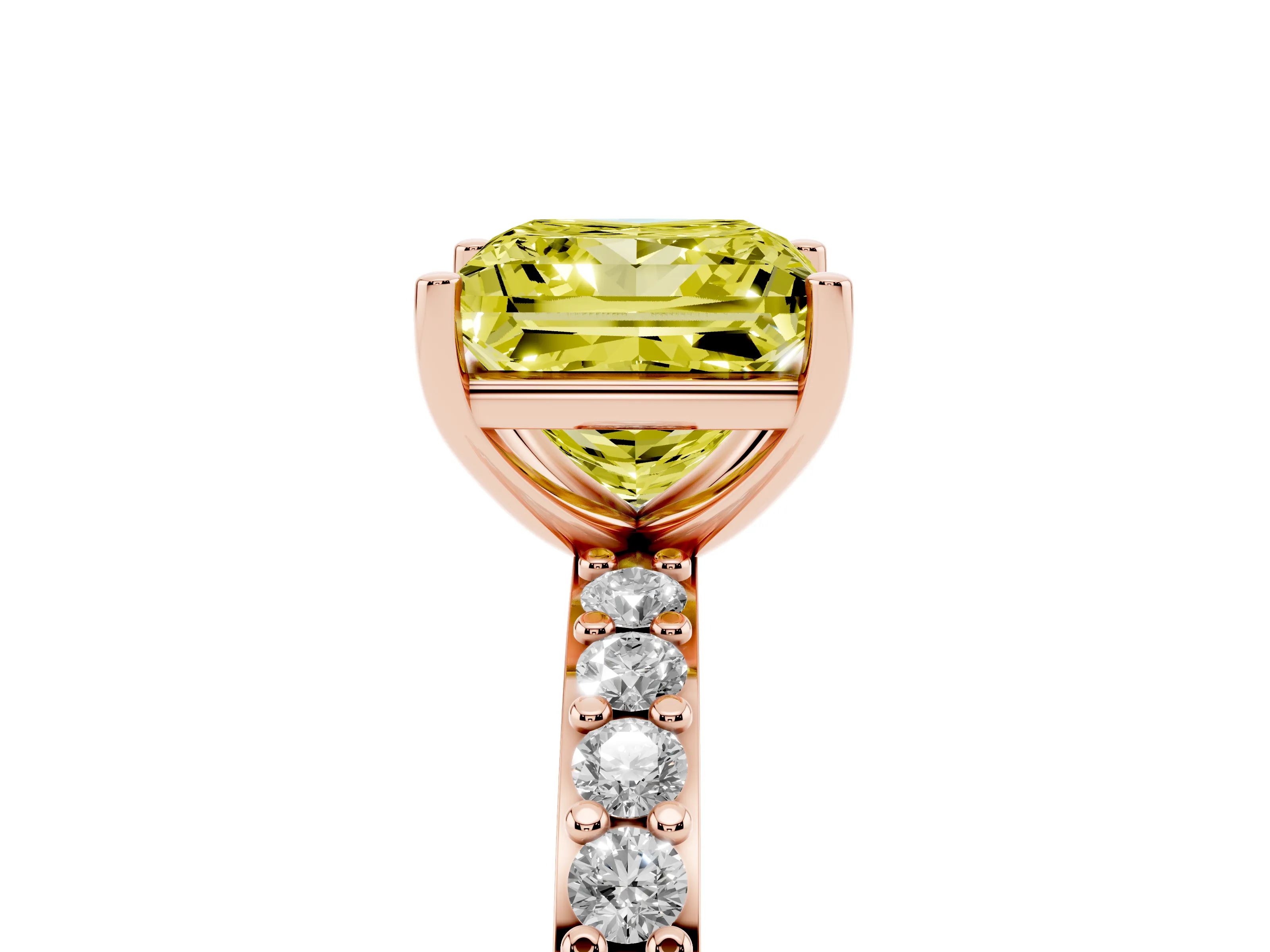 Fancy Yellow Princess Cut Diamond Solitaire Set in Rose gold with Round Pavé Band and Prong Setting