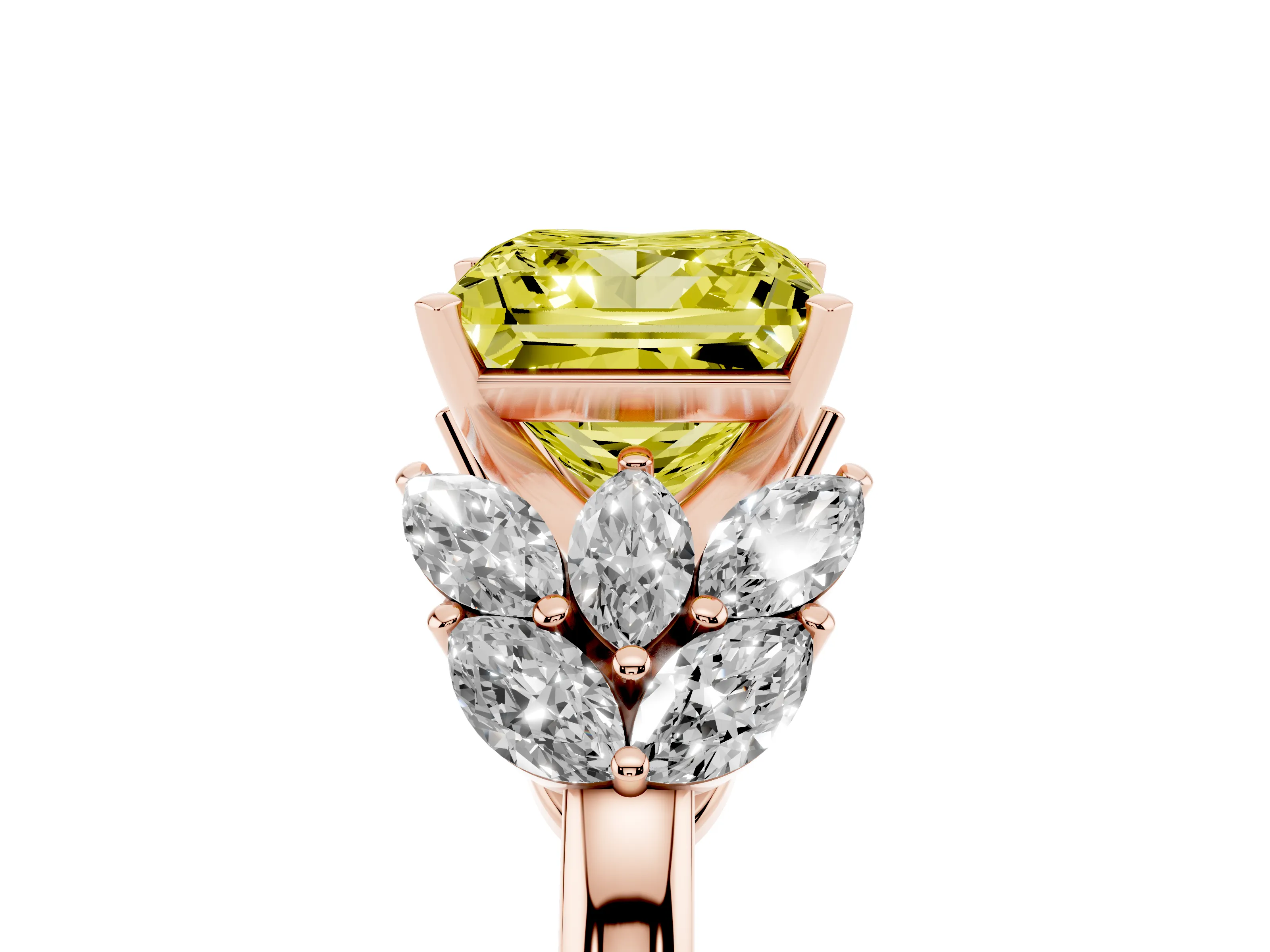 Fancy Yellow Princess Cut Diamond Cluster Leaf Design Ring Set in Rose gold with Prong Setting