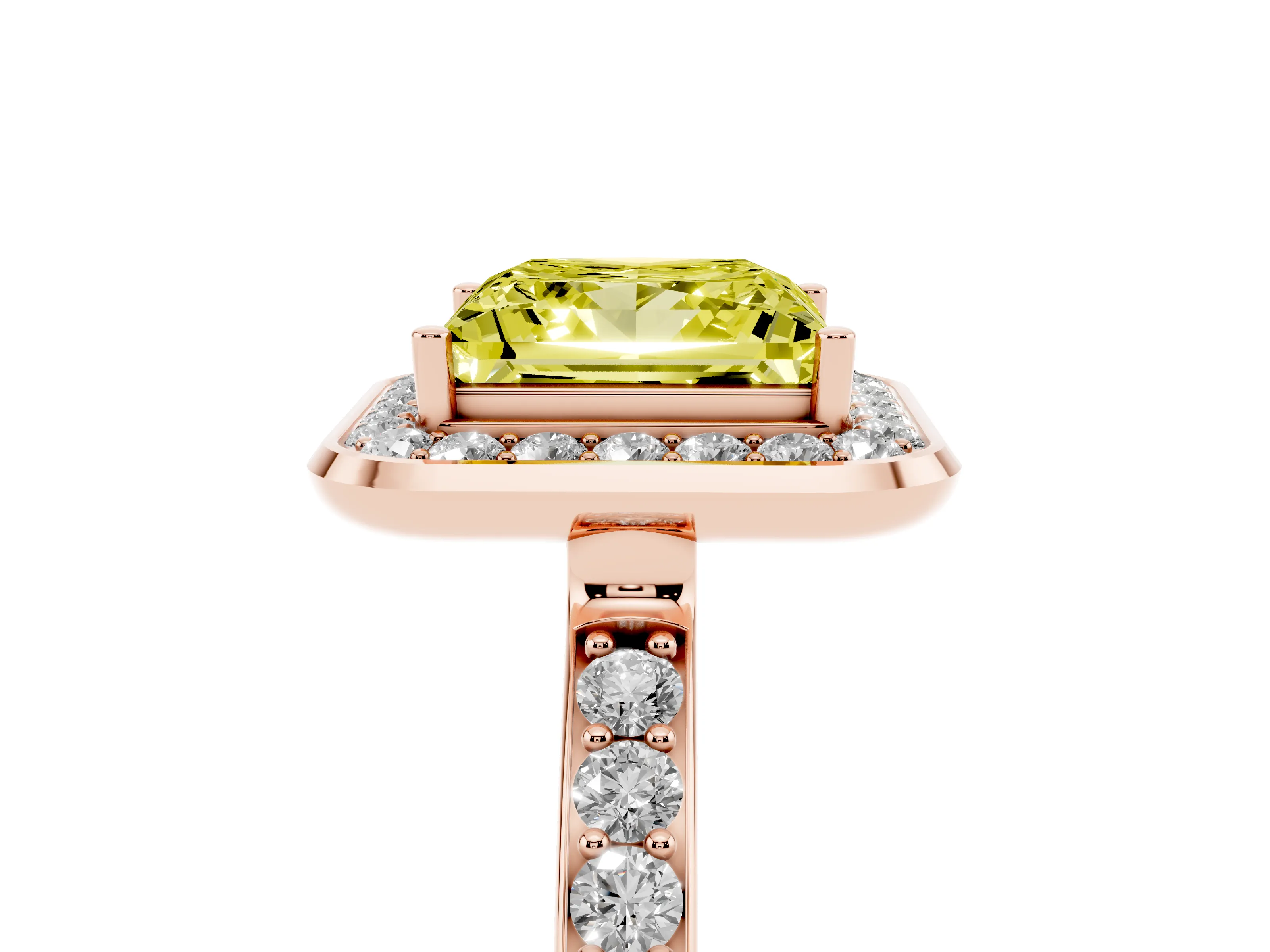 Fancy Yellow Princess Cut Diamond Halo Ring Set in Rose gold with Bezel Frame and Pavé Band